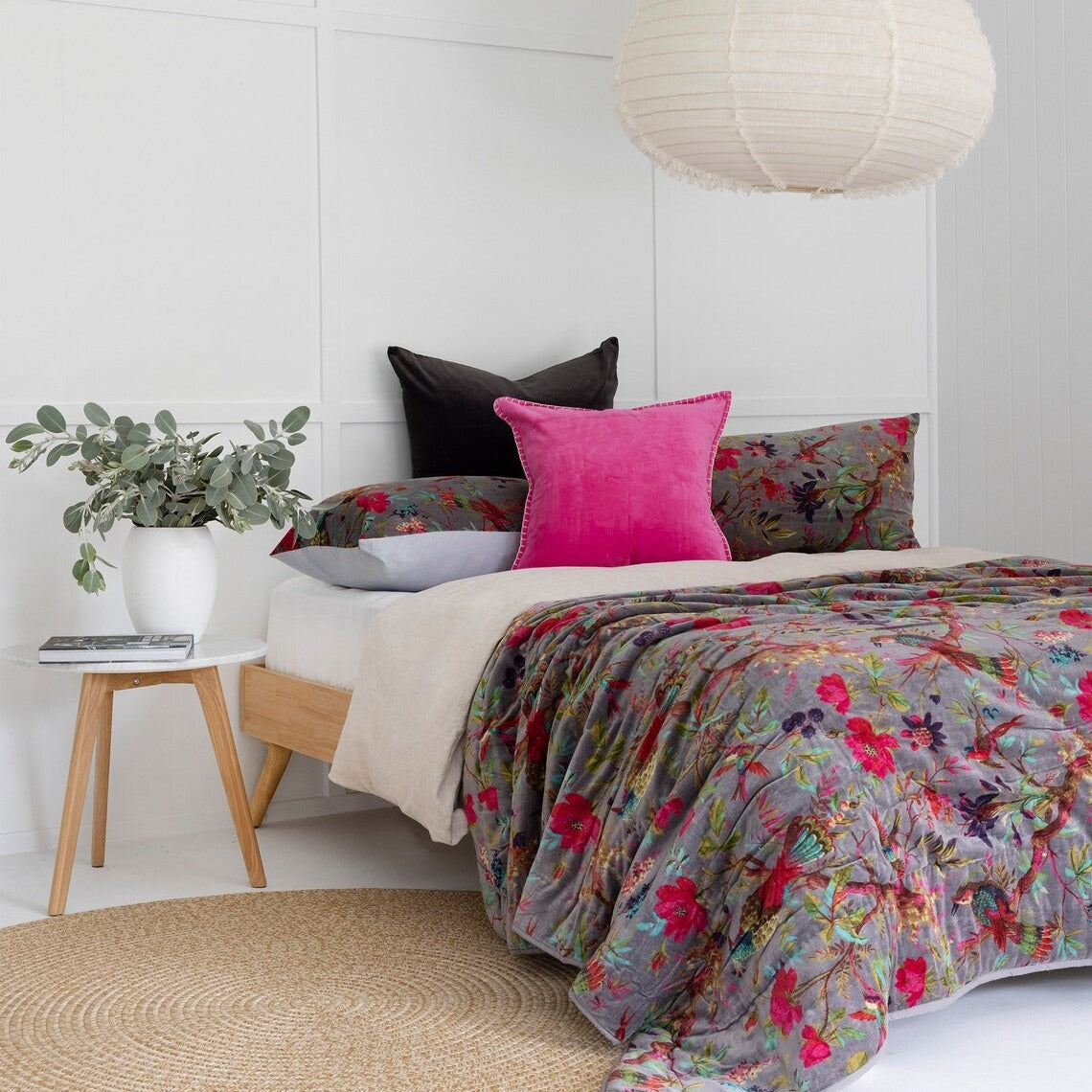 Velvet Floral Kantha Quilt - Bird Paradise Grey