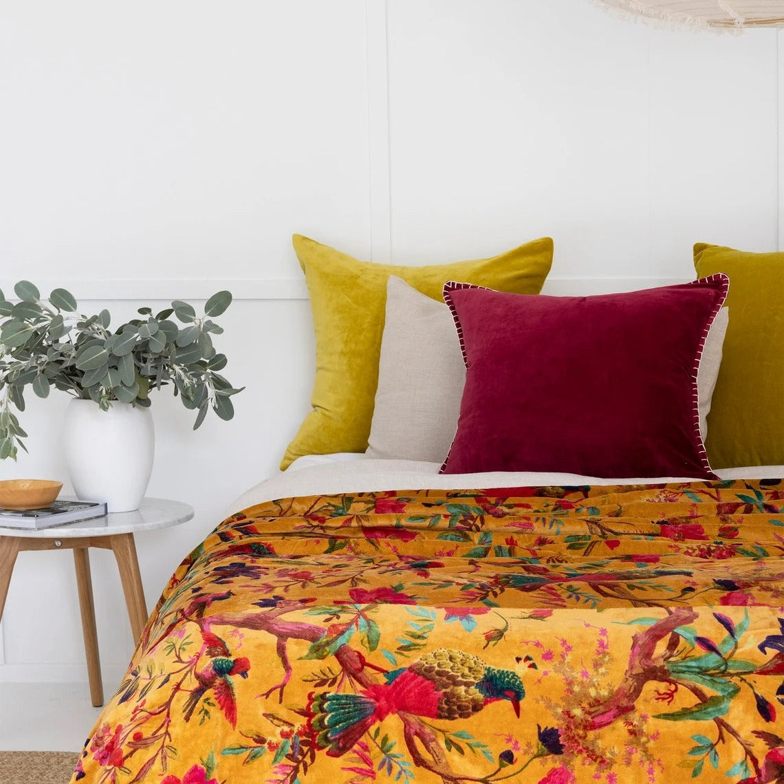 Velvet Floral Kantha Quilt - Bird Paradise Mustard