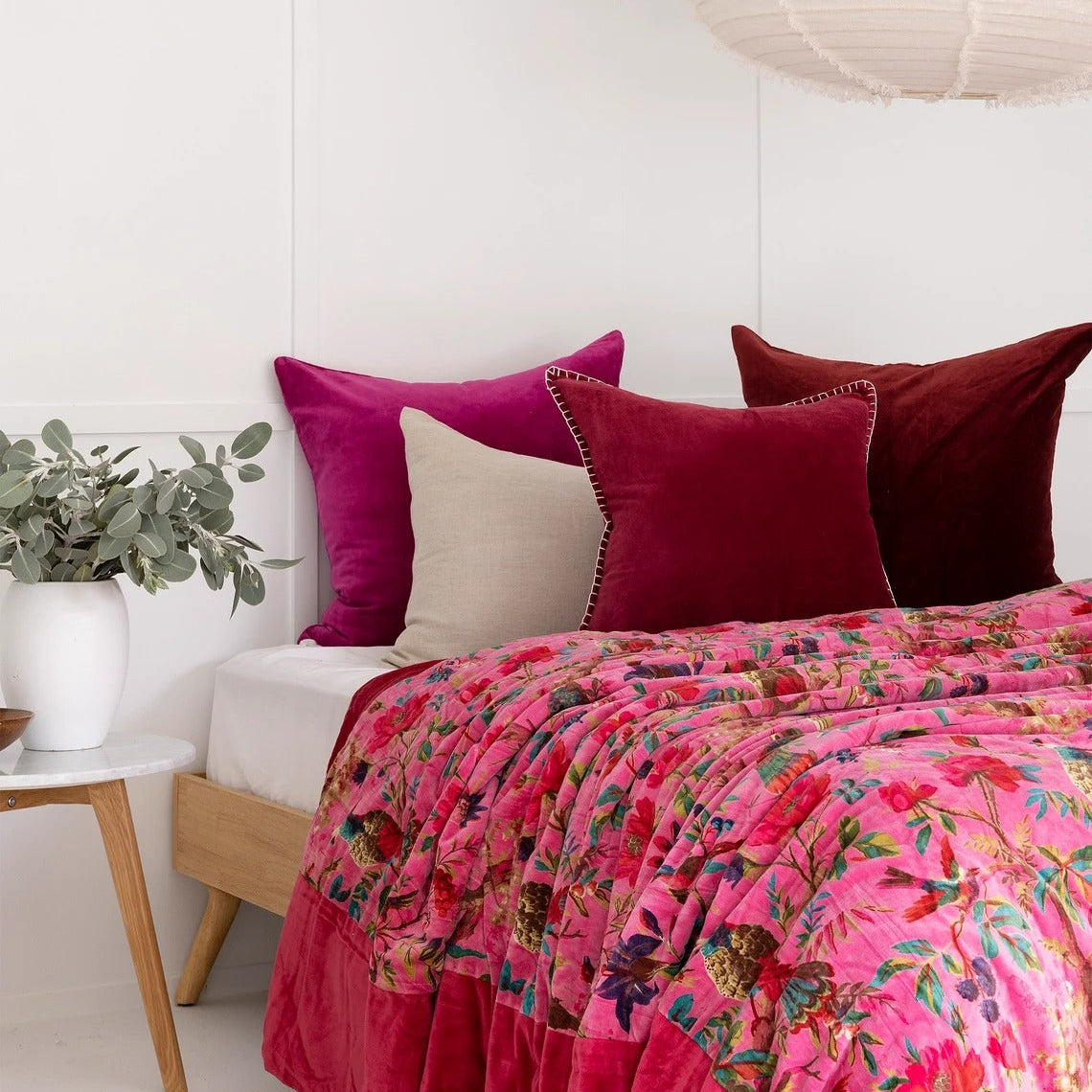 Indian Velvet Kantha Quilt Block Print Bohemian Boho - Pink Bird