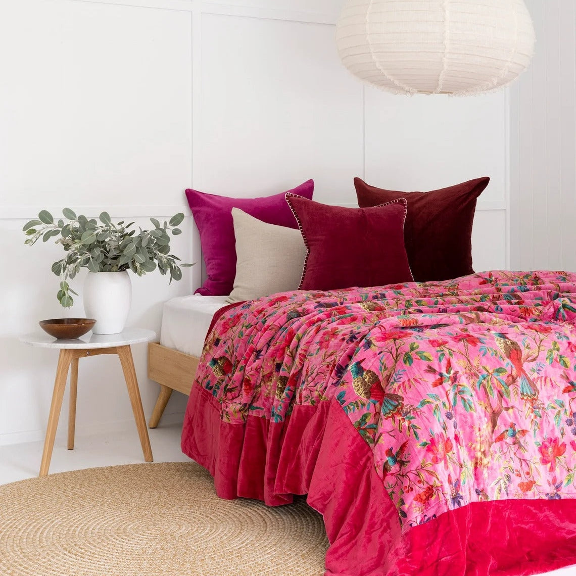 Indian Velvet Kantha Quilt Block Print Bohemian Boho - Pink Bird