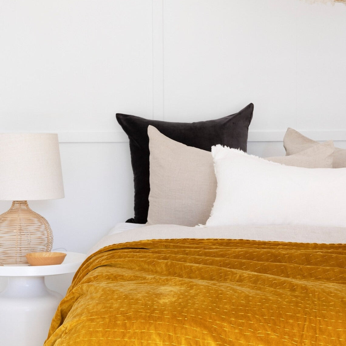 Indian Velvet Kantha Quilt Block Print Bohemian Boho- Mustard