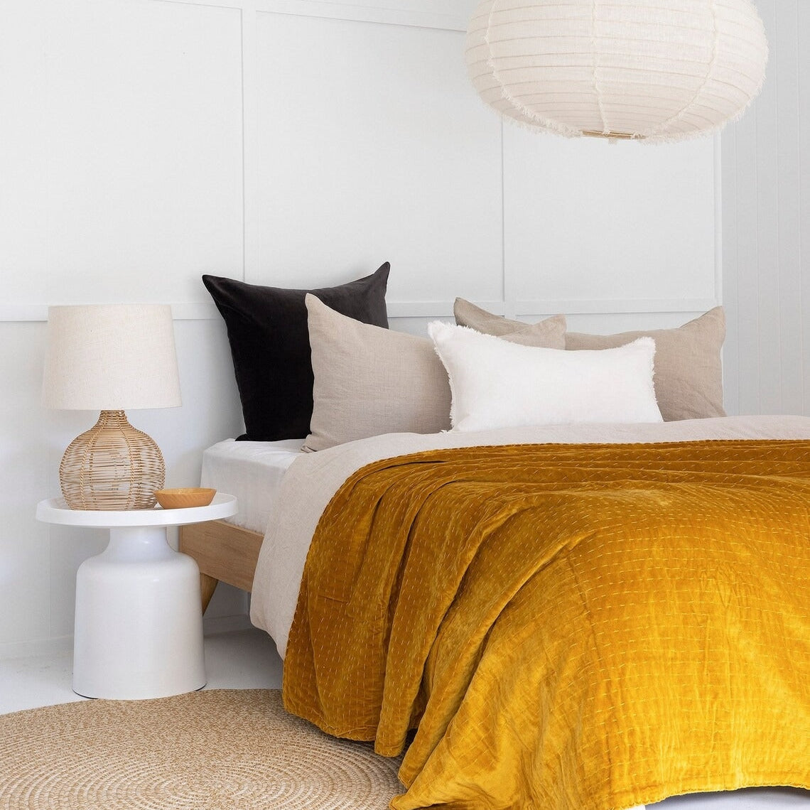 Indian Velvet Kantha Quilt Block Print Bohemian Boho- Mustard