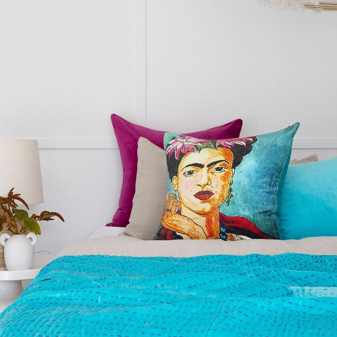 Indian Velvet Kantha Quilt Block Print Bohemian Boho- Sky