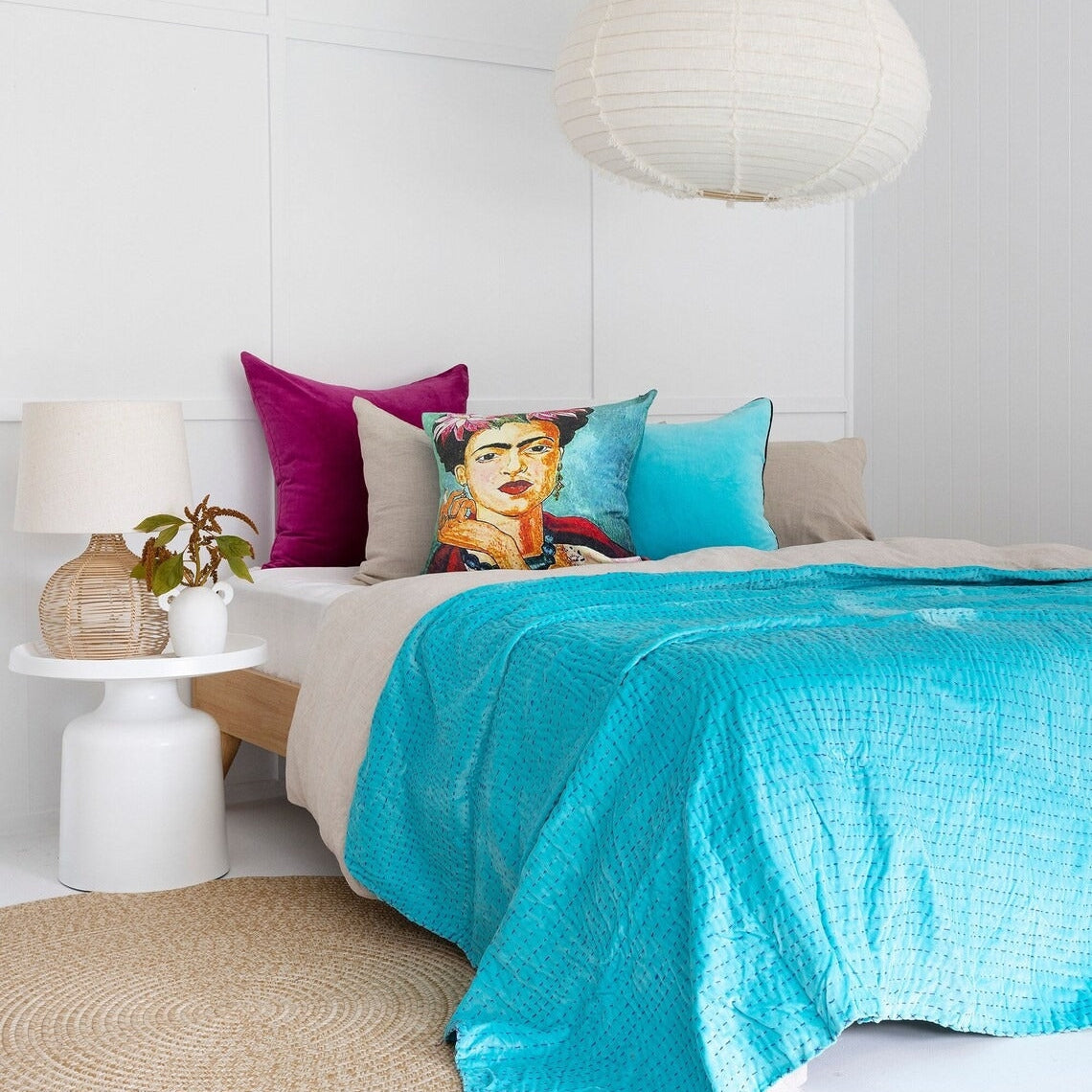 Indian Velvet Kantha Quilt Block Print Bohemian Boho- Sky