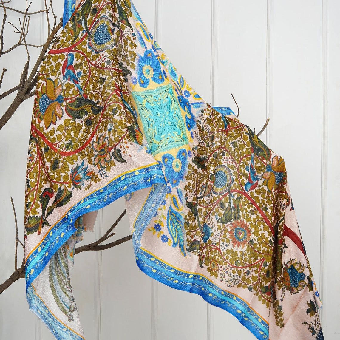 Silk Modal Scarf - Cream/Blue