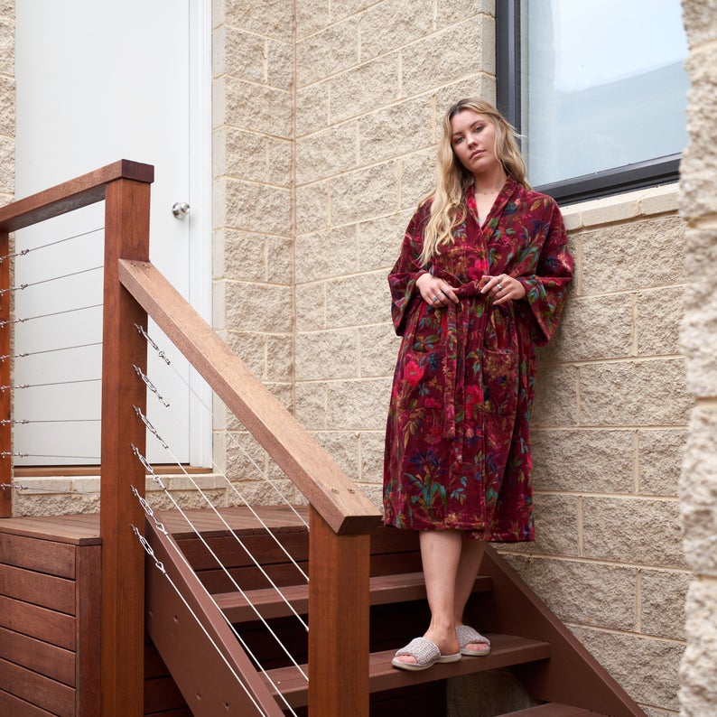 'Plush Petals' 100% Cotton Velvet Kimono Robe