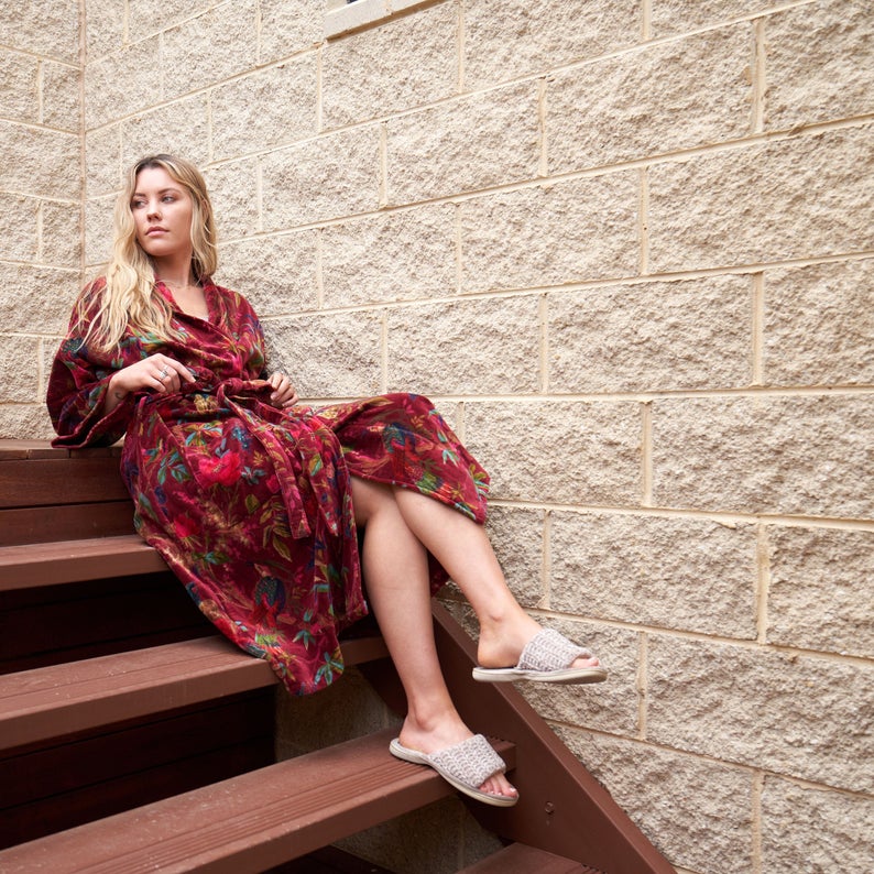 'Plush Petals' 100% Cotton Velvet Kimono Robe