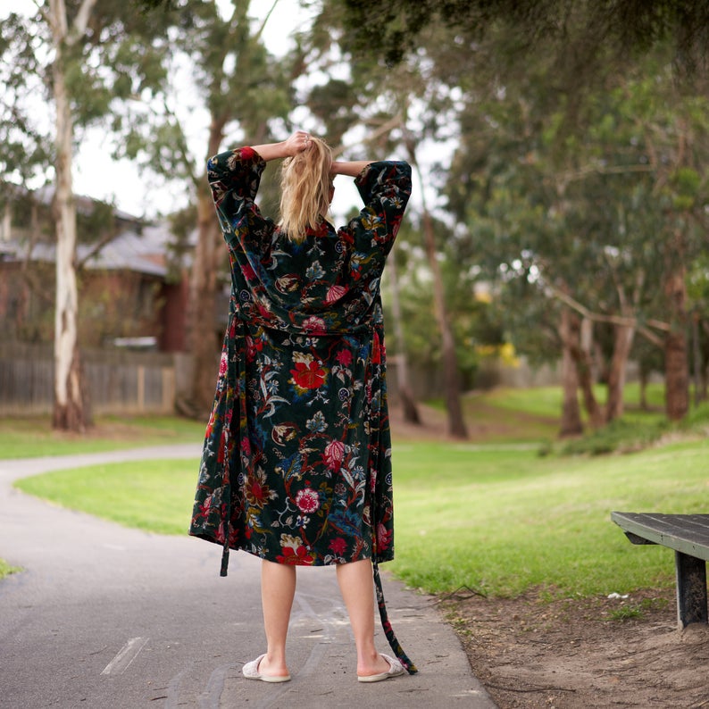 'Luxe Botanicals' 100% Cotton Velvet Kimono Robe