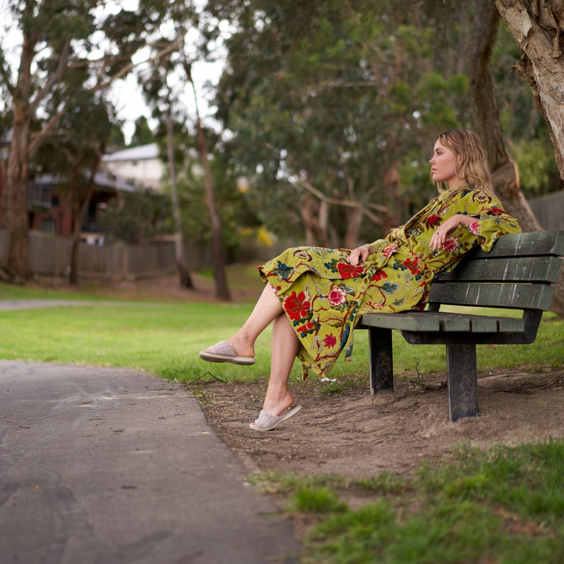 'Lavish Blossoms' 100% Cotton Velvet Kimono Robe