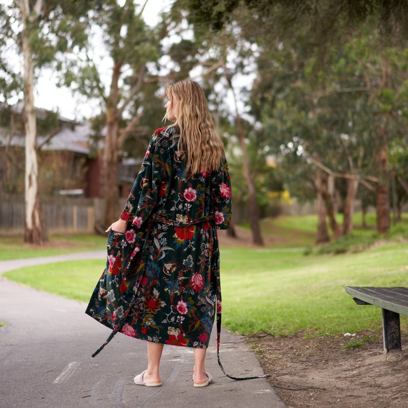 'Luxe Botanicals' 100% Cotton Velvet Kimono Robe
