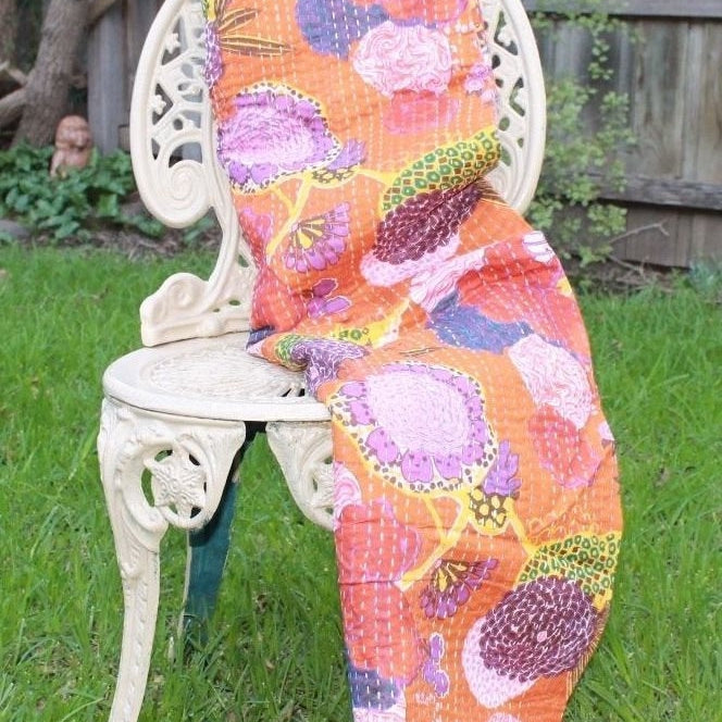 Linen Connections Handmade Indian Kantha Quilt Blanket - Orange Garden