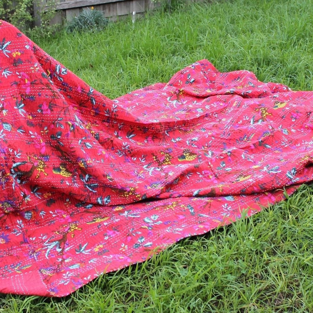 Linen Connections Handmade Indian Kantha Quilt- Red Blossom