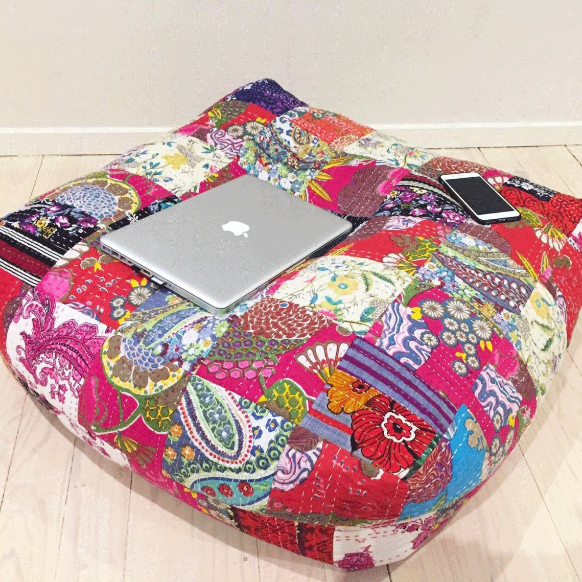 Vintage fabric Kantha ottoman cover – handmade Indian patchwork pouf in multicolour.