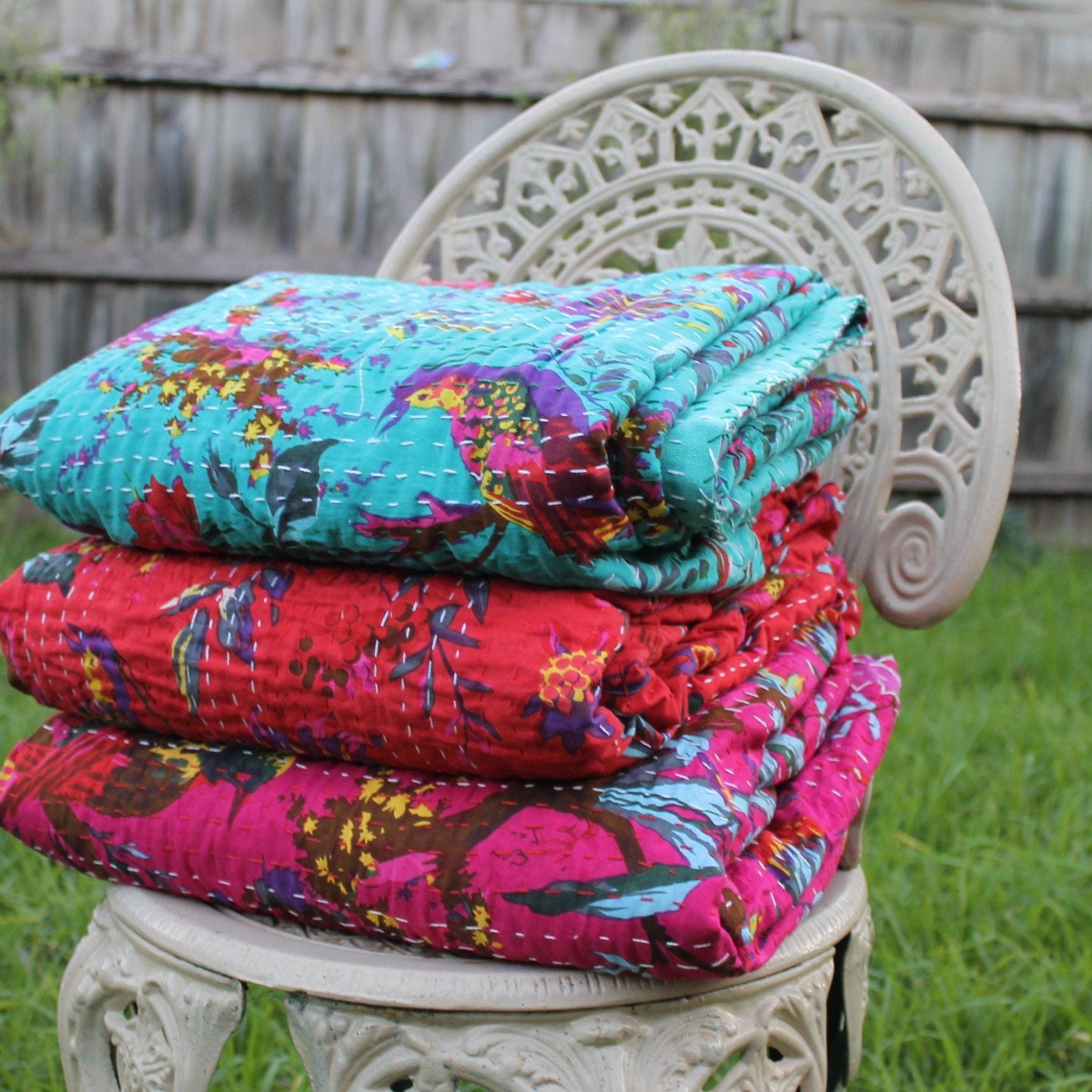 Linen Connections Handmade Indian Kantha Quilt Sky Bird