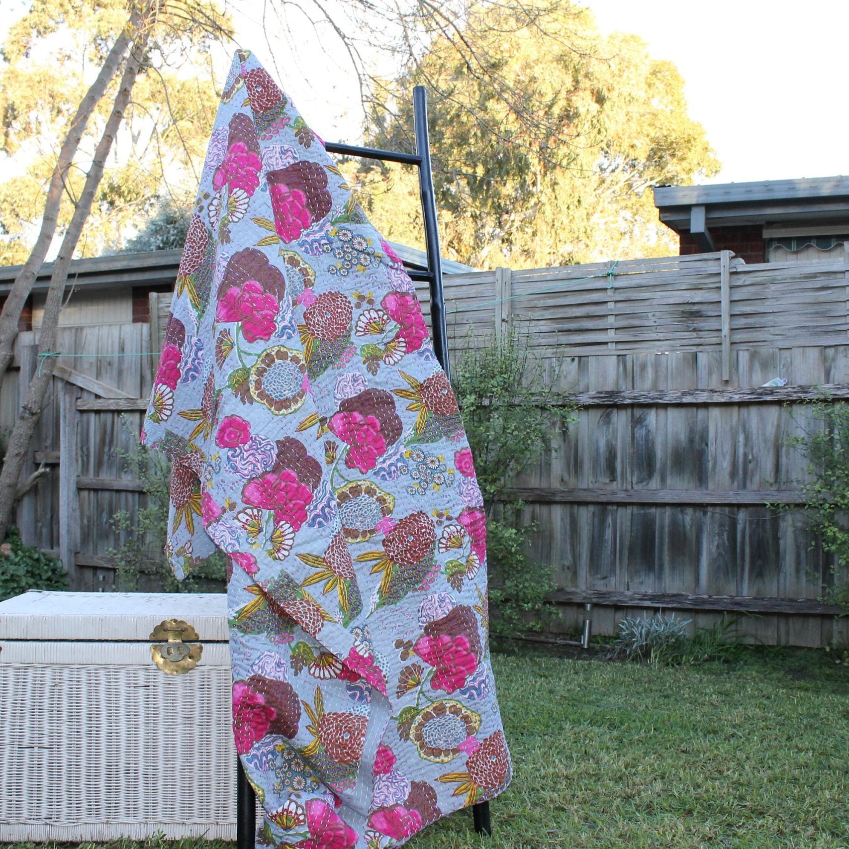 Linen Connections Handmade Indian Kantha Quilt- Grey Meadows