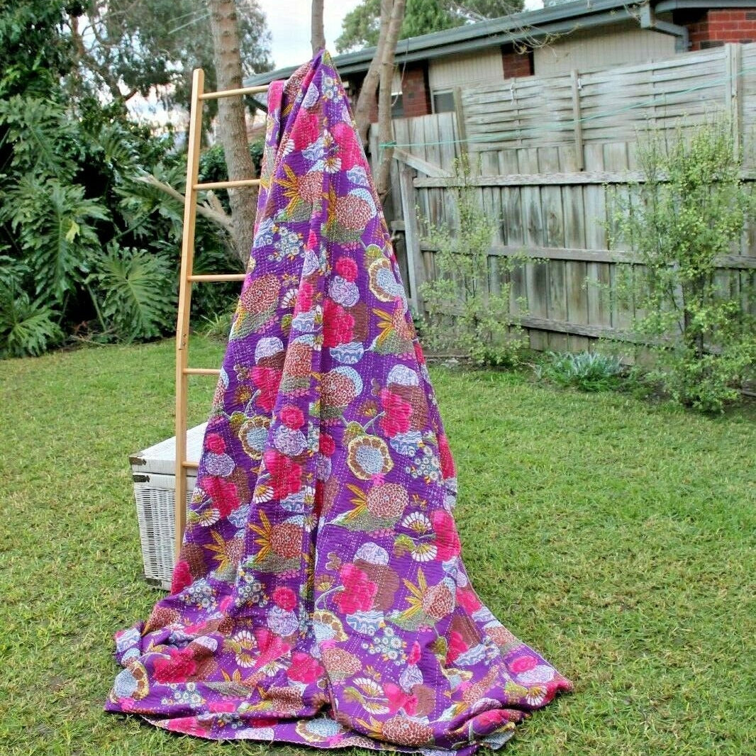 Linen Connections Handmade Indian Kantha Quilt- Purple Hues