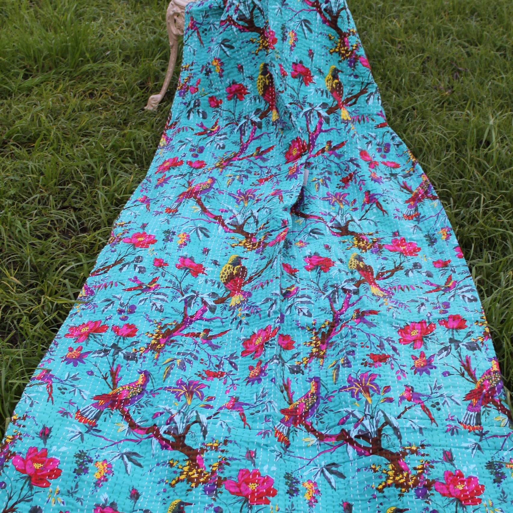 Linen Connections Handmade Indian Kantha Quilt - Sky Bird