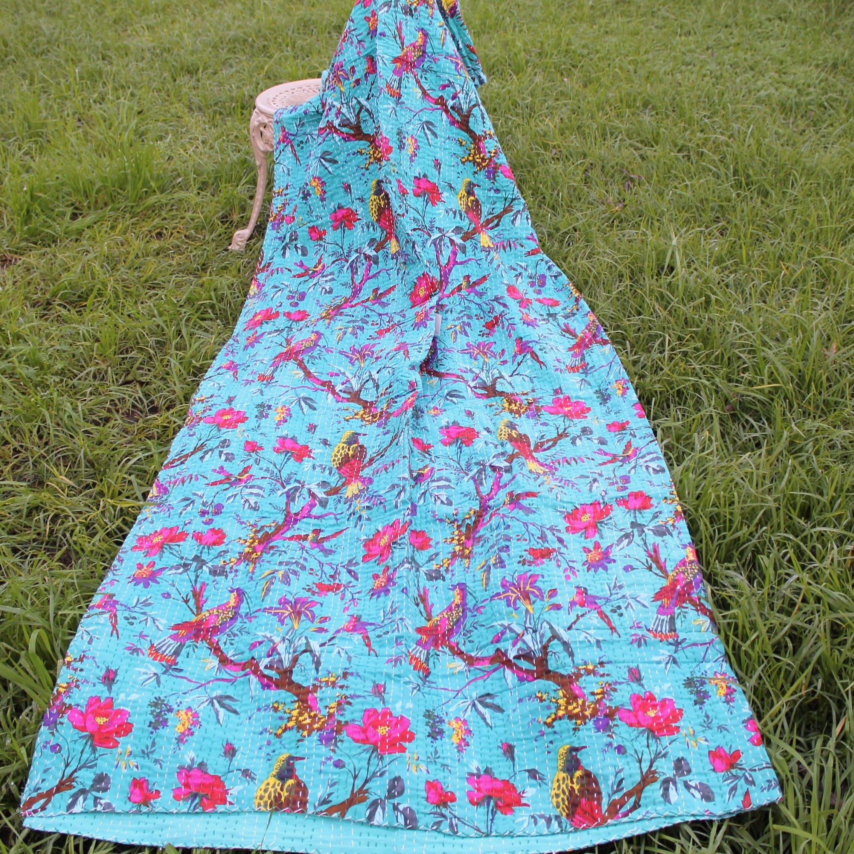 Linen Connections Handmade Indian Kantha Quilt - Sky Bird