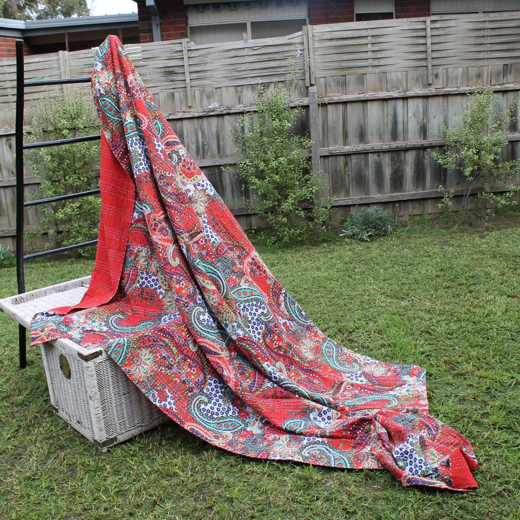 Linen Connections Handmade Indian Kantha Quilt - Red Gardens