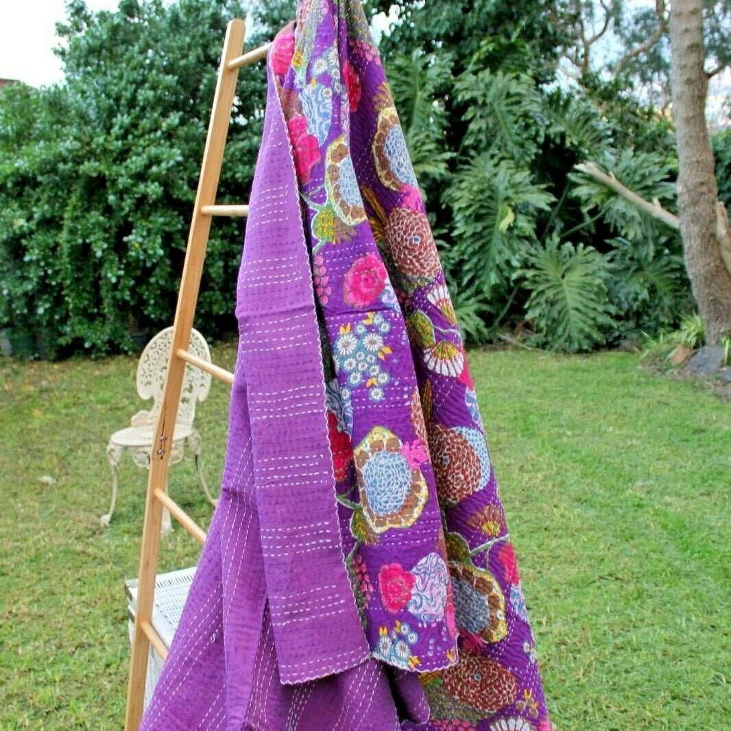 Linen Connections Handmade Indian Kantha Quilt- Purple Hues