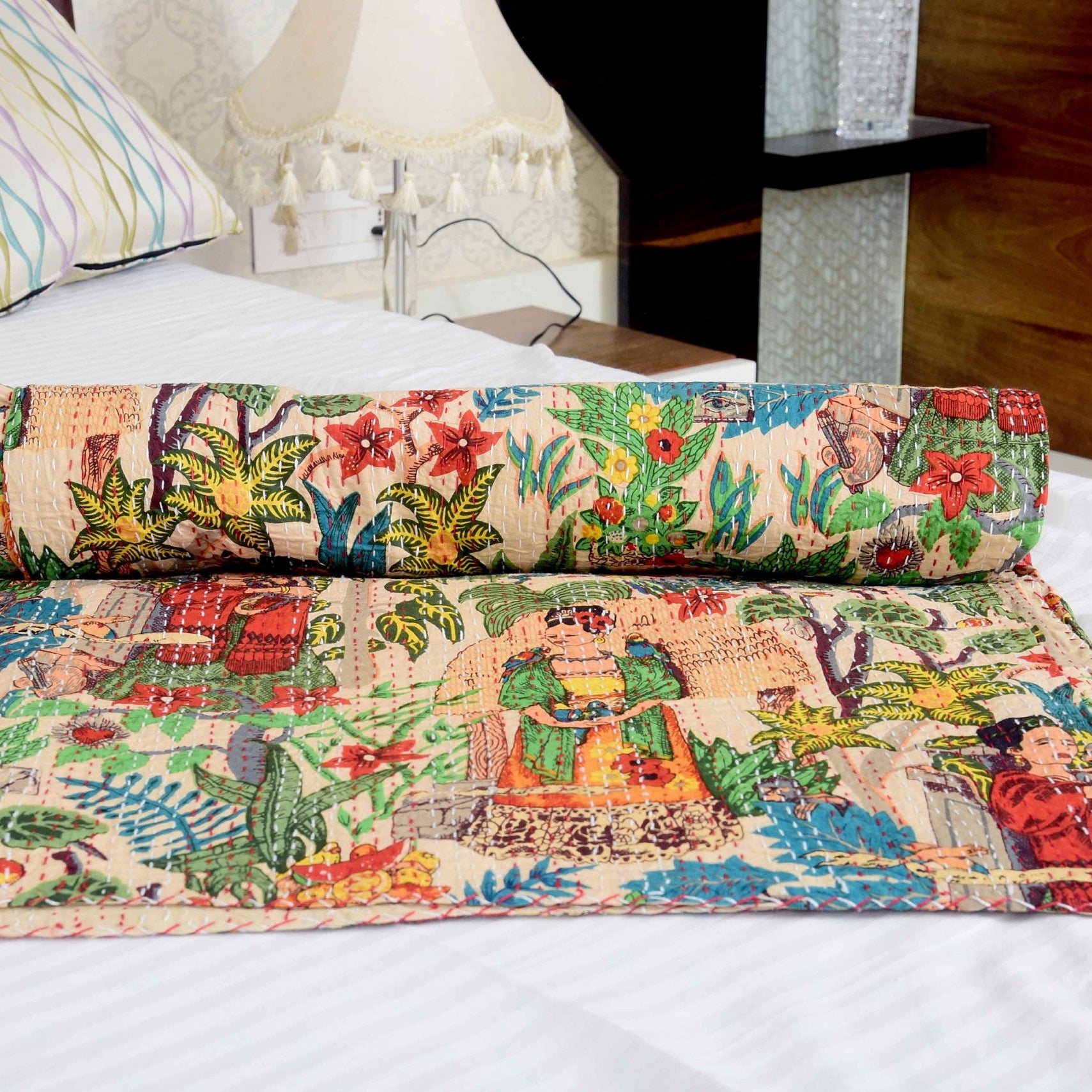 Linen Connections Indian Kantha Quilt - Frida Peach