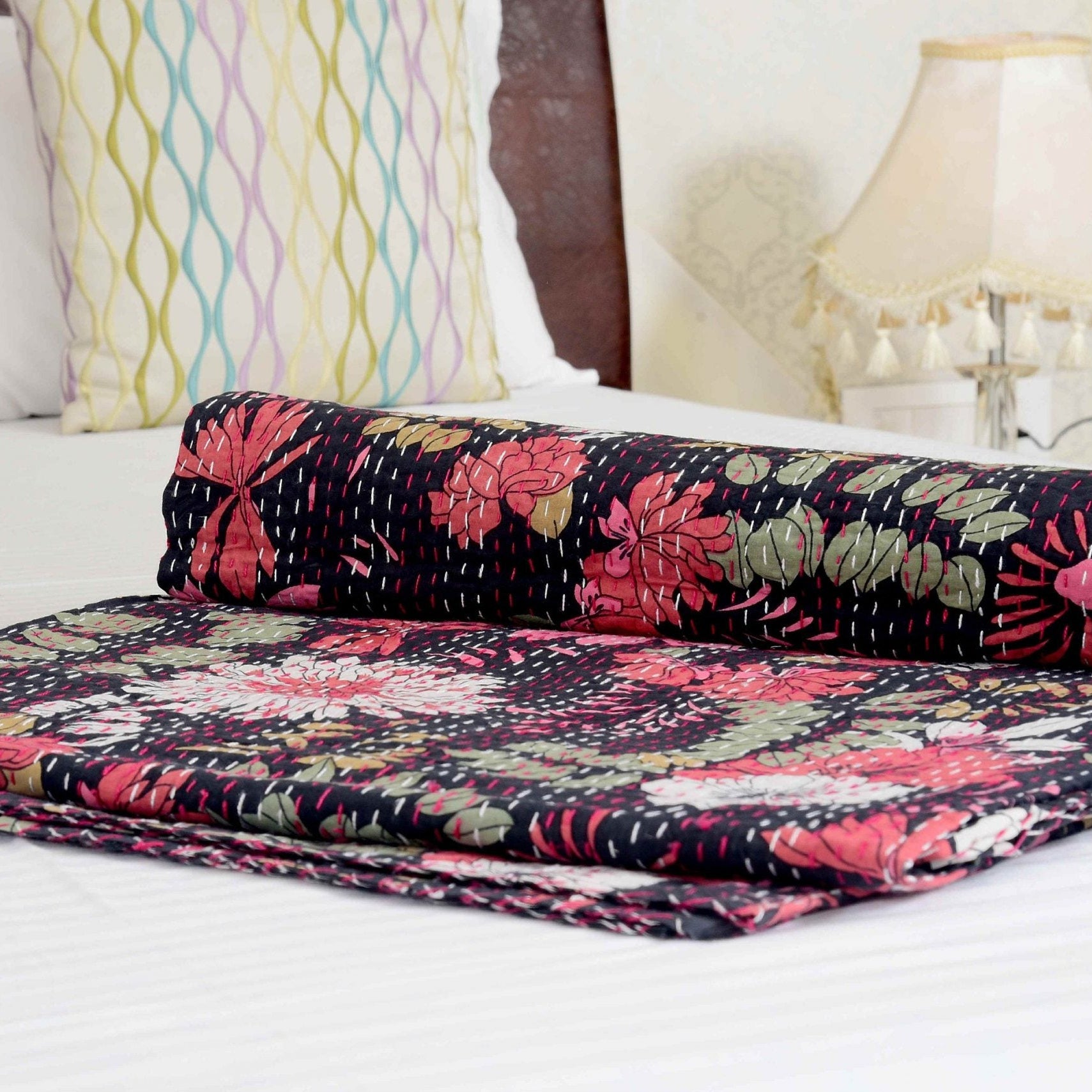 Linen Connections Handmade Indian Kantha Quilt- Purple Floral