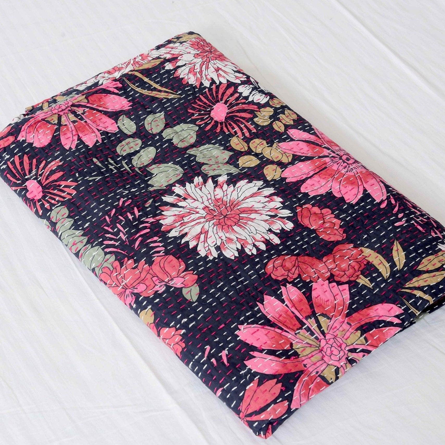 Linen Connections Handmade Indian Kantha Quilt- Purple Floral