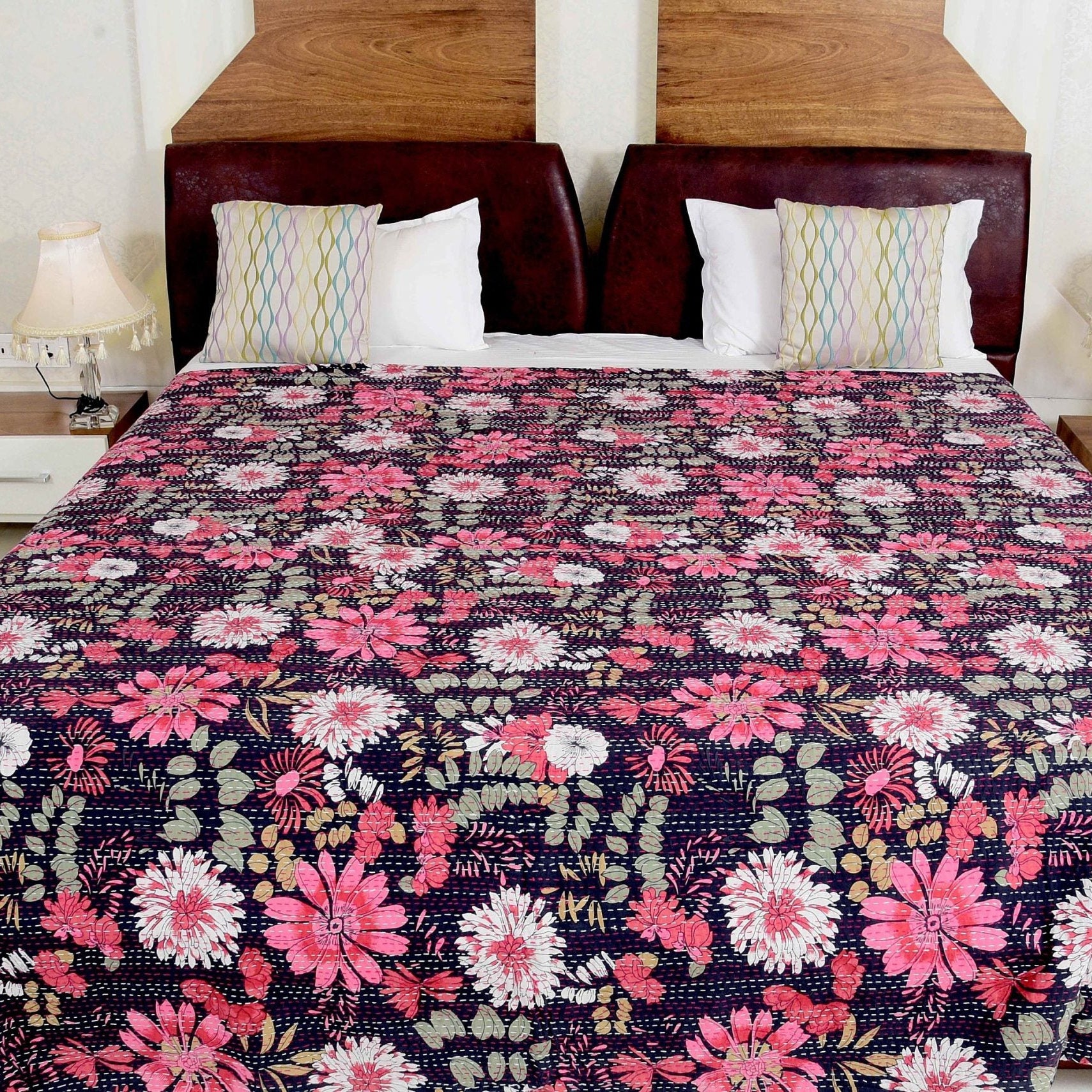 Linen Connections Handmade Indian Kantha Quilt- Purple Floral