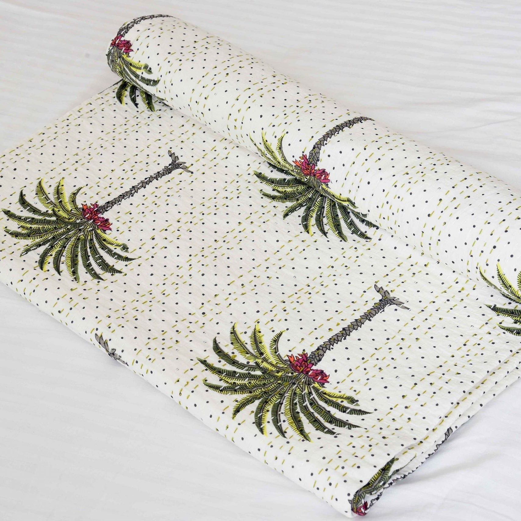 Linen Connections Indian Kantha Quilt - White Palm