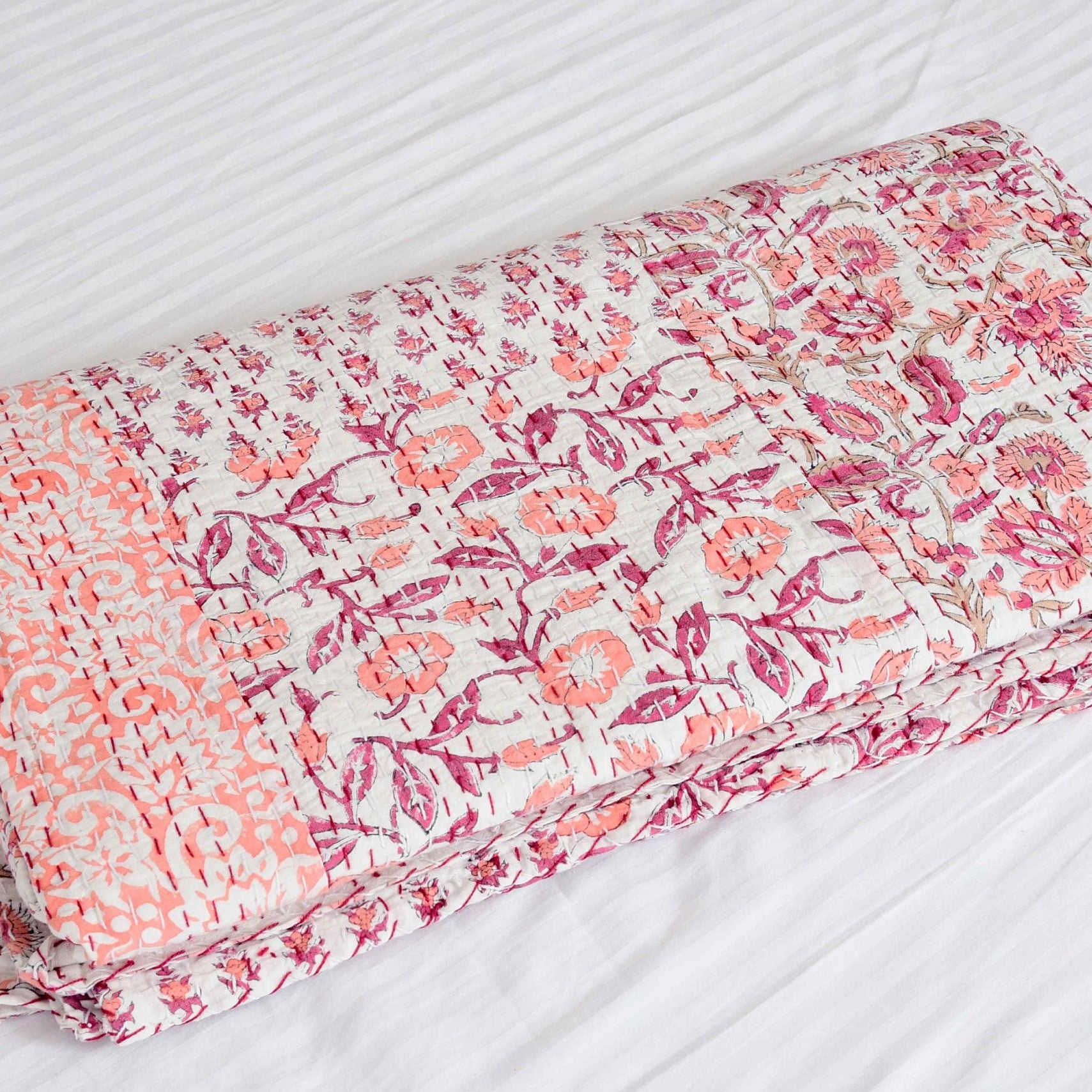 Linen Connections Handmade Indian Kantha Quilt - Mushy Pink