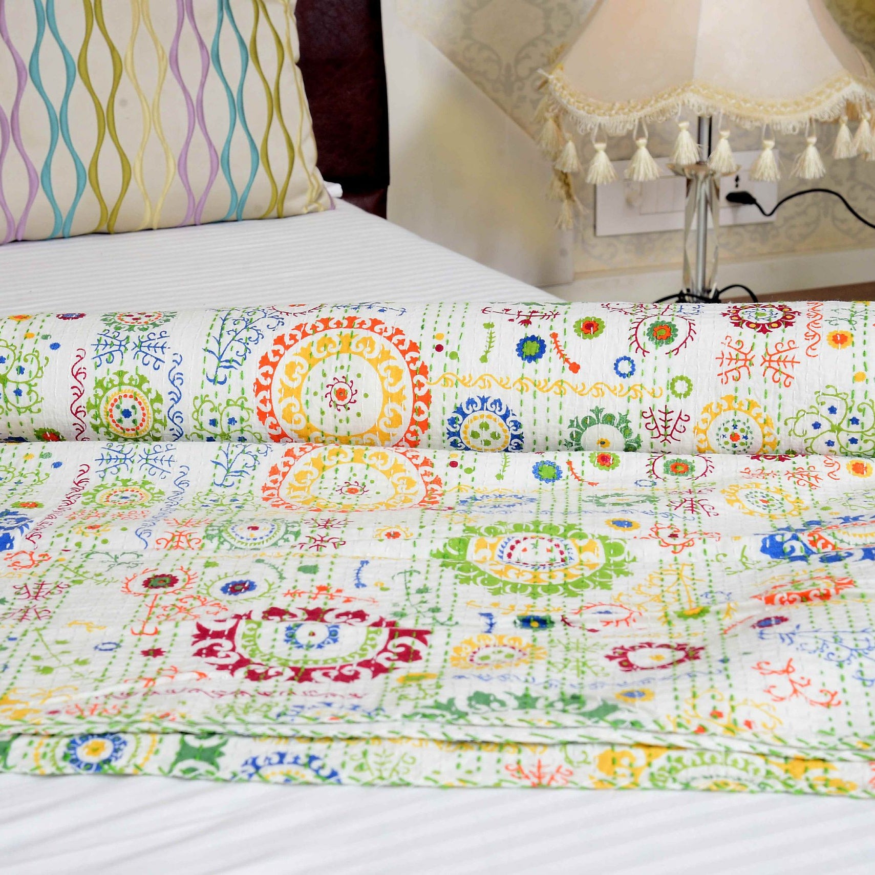 Linen Connections Indian Kantha Quilt - Colourful Oasis