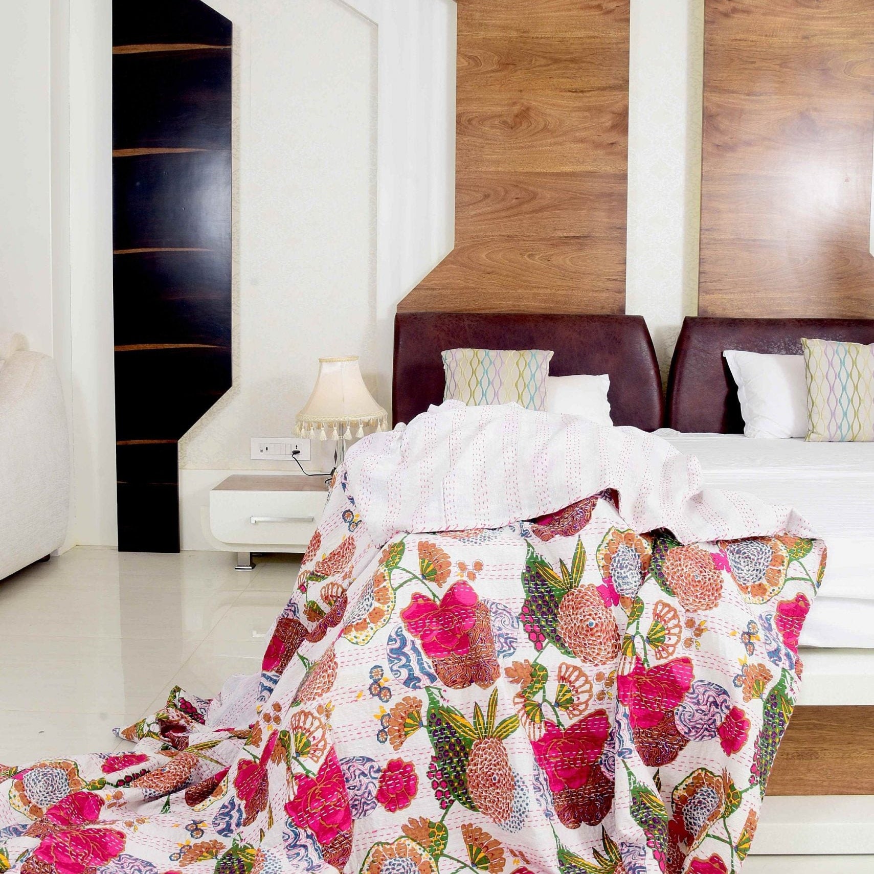 Linen Connections Handmade Indian Kantha Quilt - White Chic