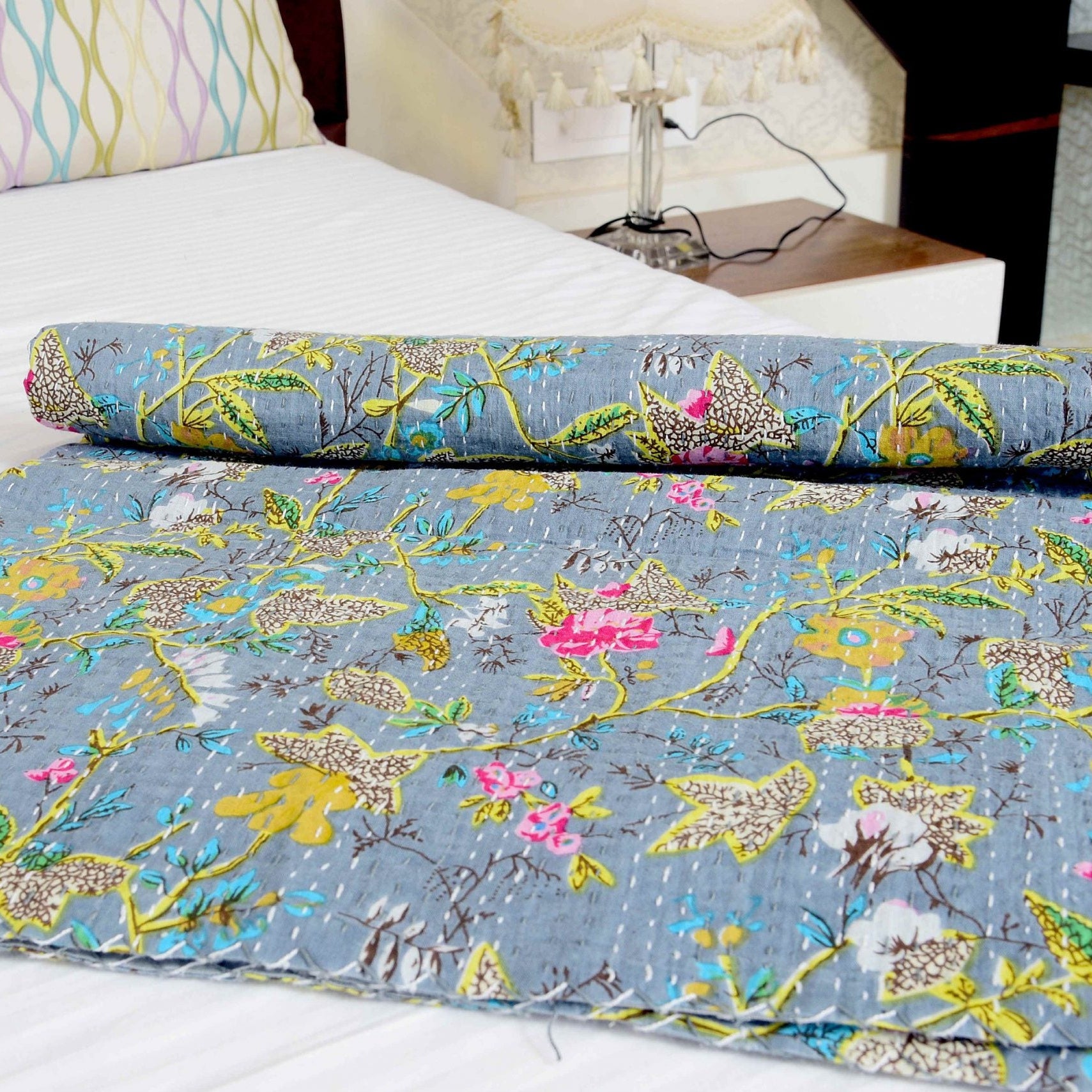 Linen Connections Indian Kantha Quilt - Grey Mischeif