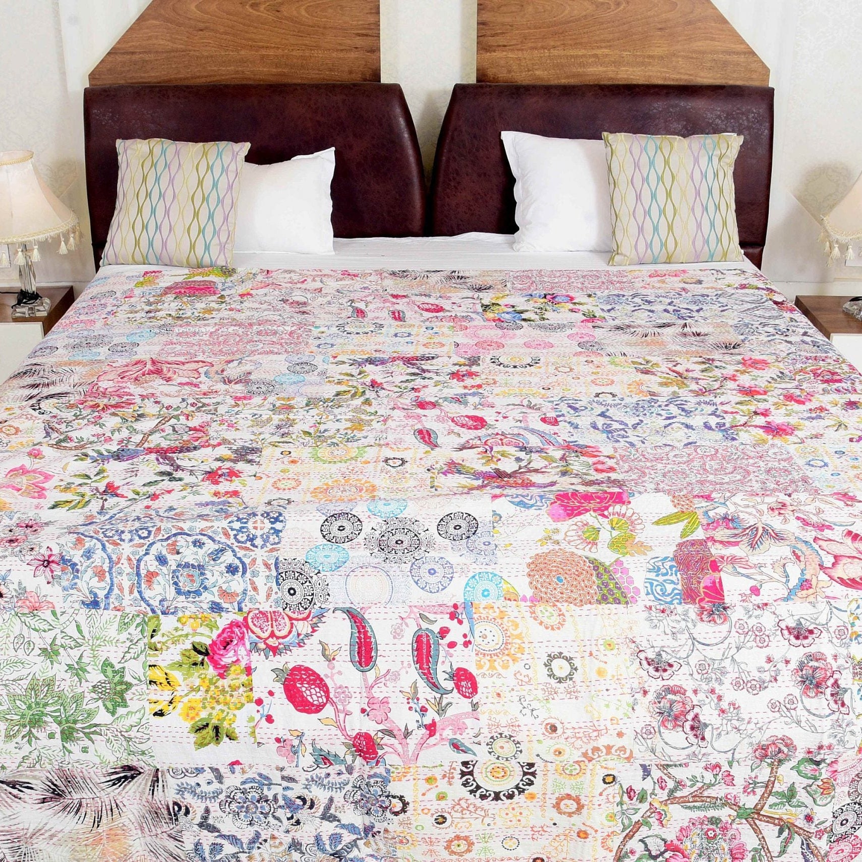 Linen Connections Handmade Indian Kantha Quilt - Serenity Colours
