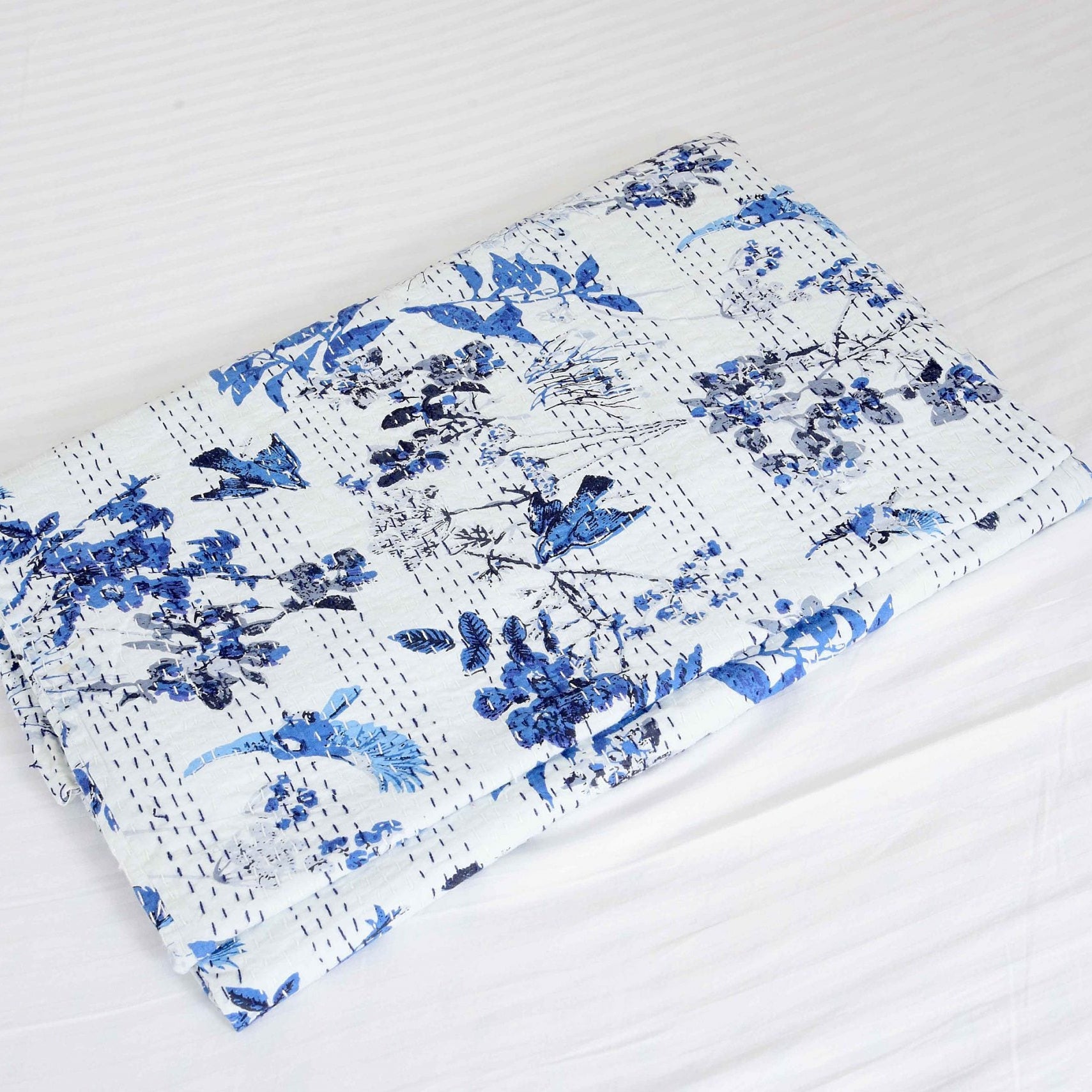 Linen Connections Handmade Indian Kantha Quilt - Elegant White