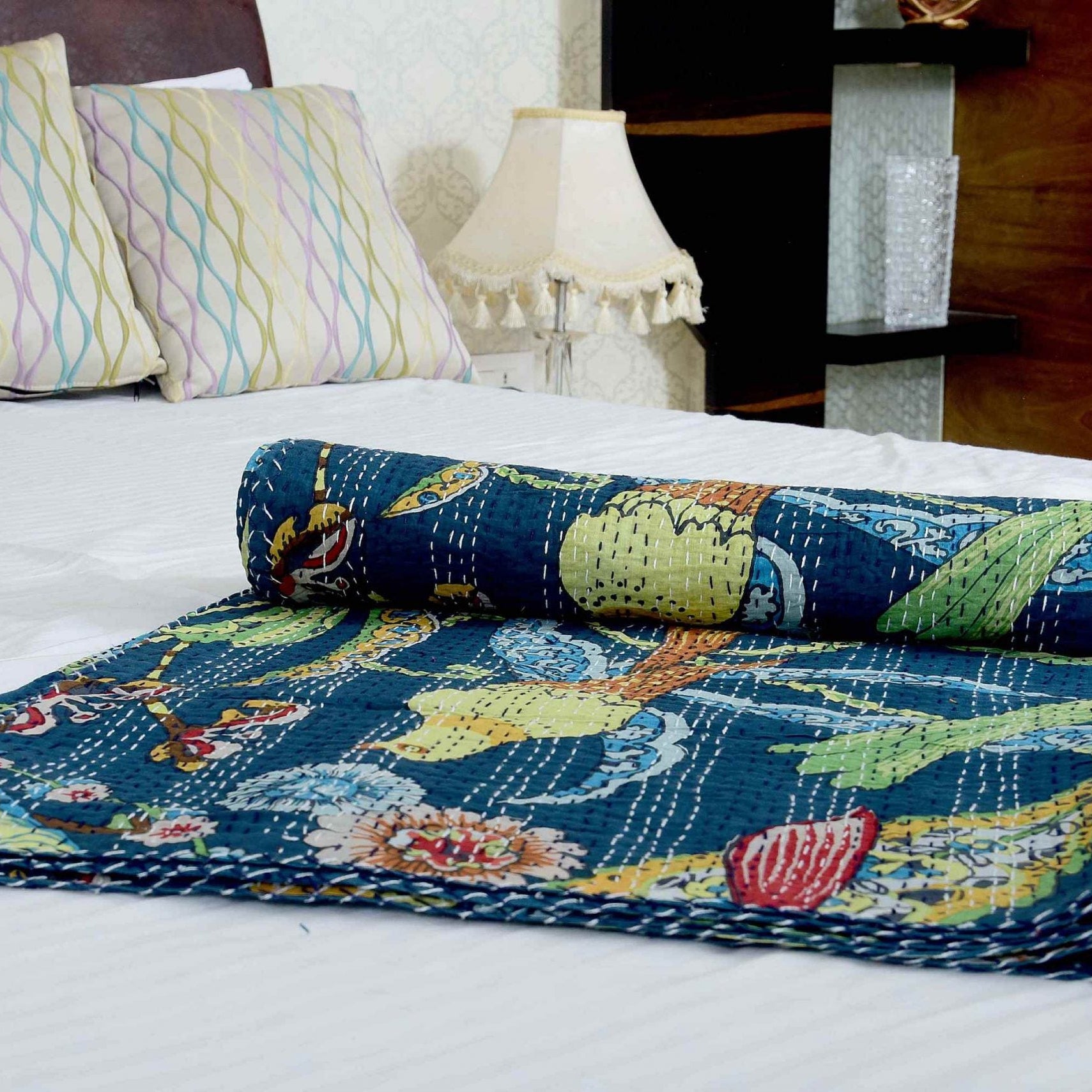 Linen Connections Handmade Indian Kantha Quilt - Navy Hues