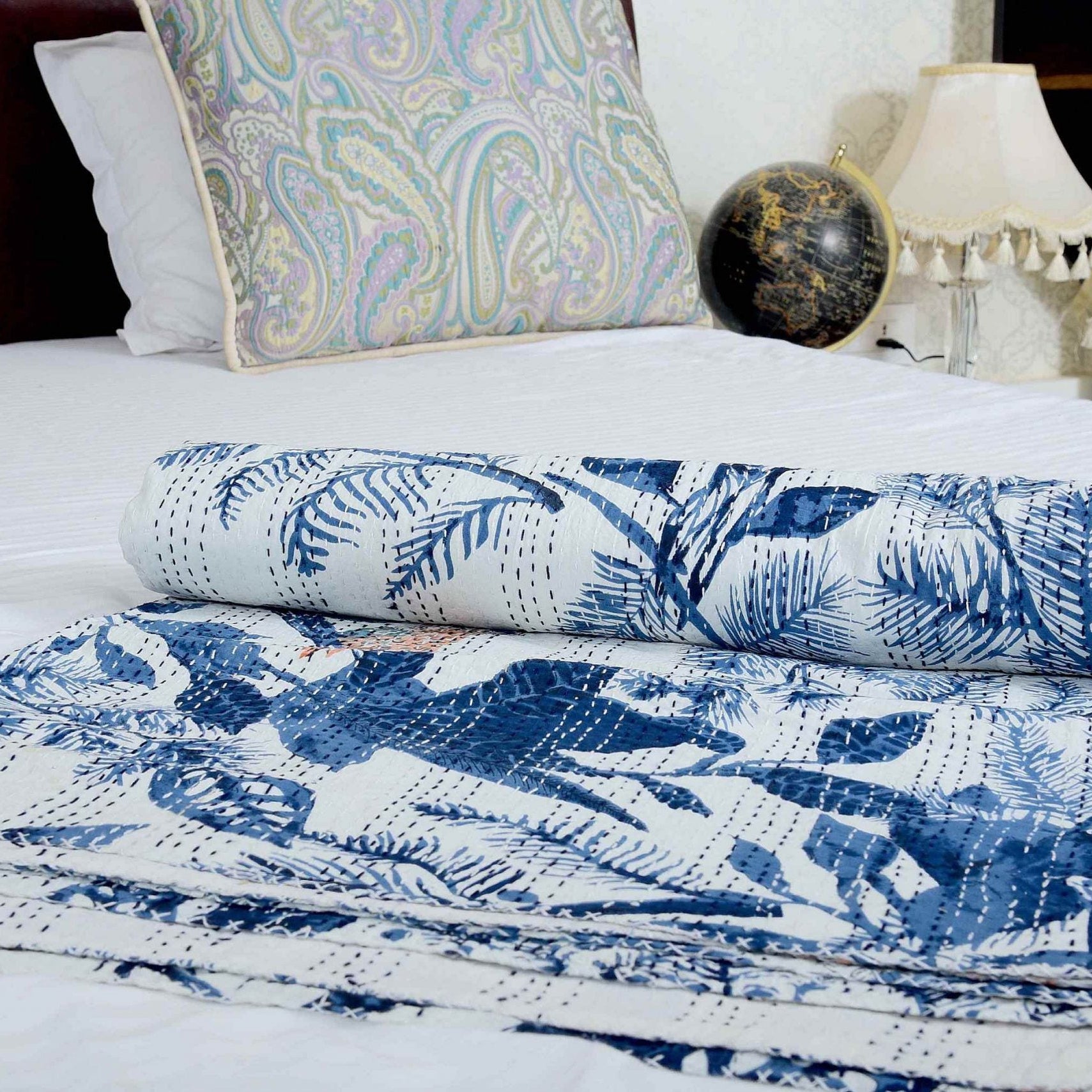 Linen Connections Handmade Indian Kantha Quilt - Azure Bird