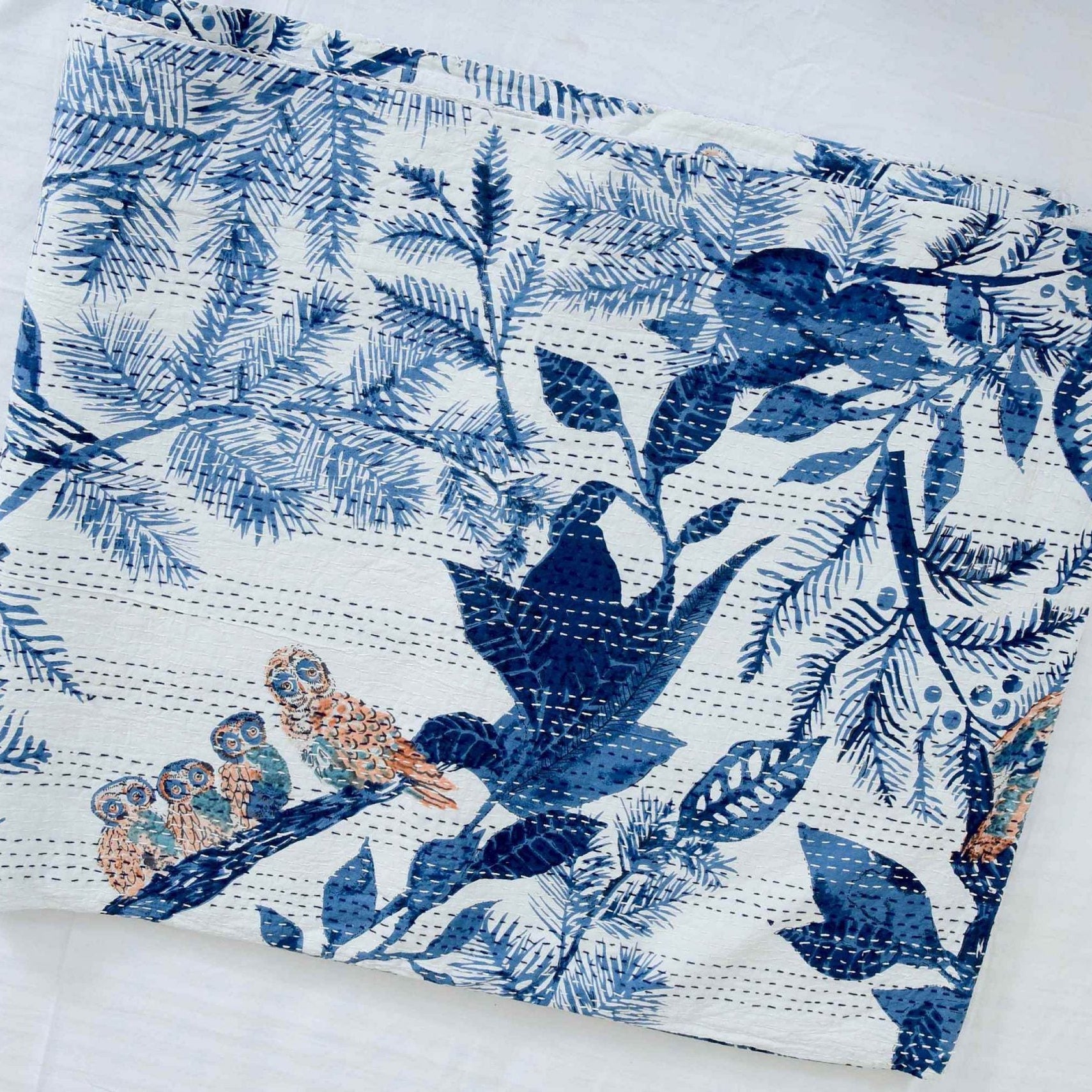 Linen Connections Handmade Indian Kantha Quilt - Azure Bird