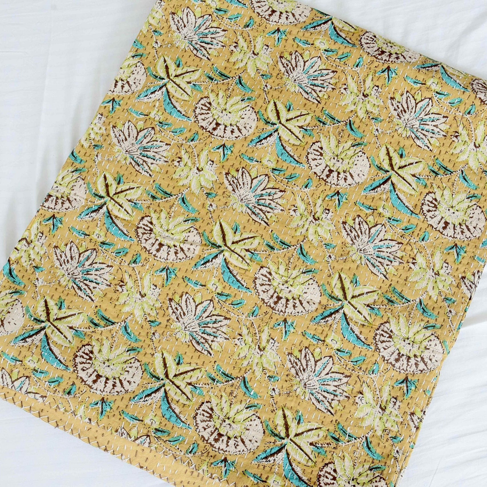 Linen Connections Handmade Indian Kantha Quilt- Mustard Haze