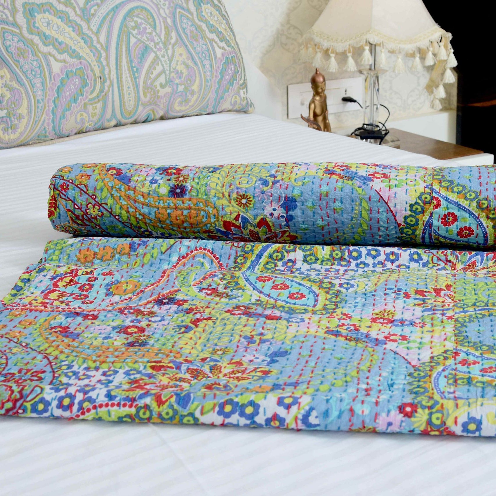 Linen Connections Handmade Indian Kantha Quilt Blanket-Gratitude Grey