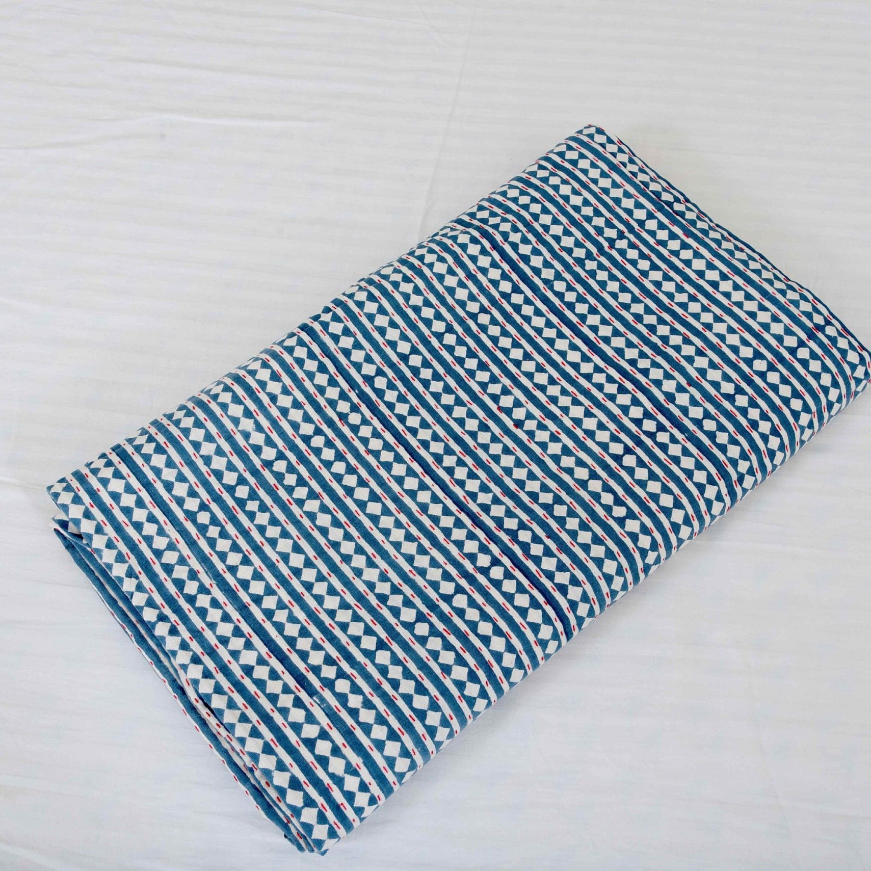 Linen Connections Indian Kantha Quilt - White Blues