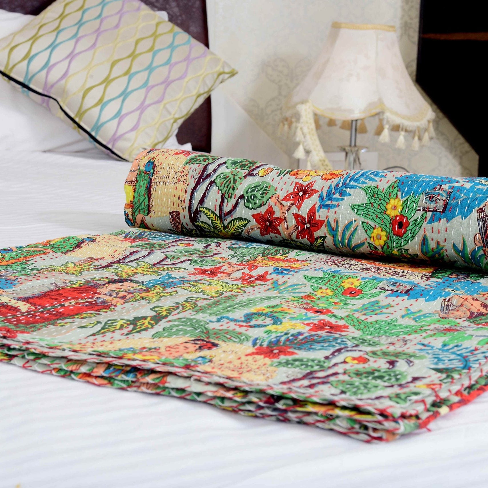 Linen Connections Indian Kantha Quilt - Frida White