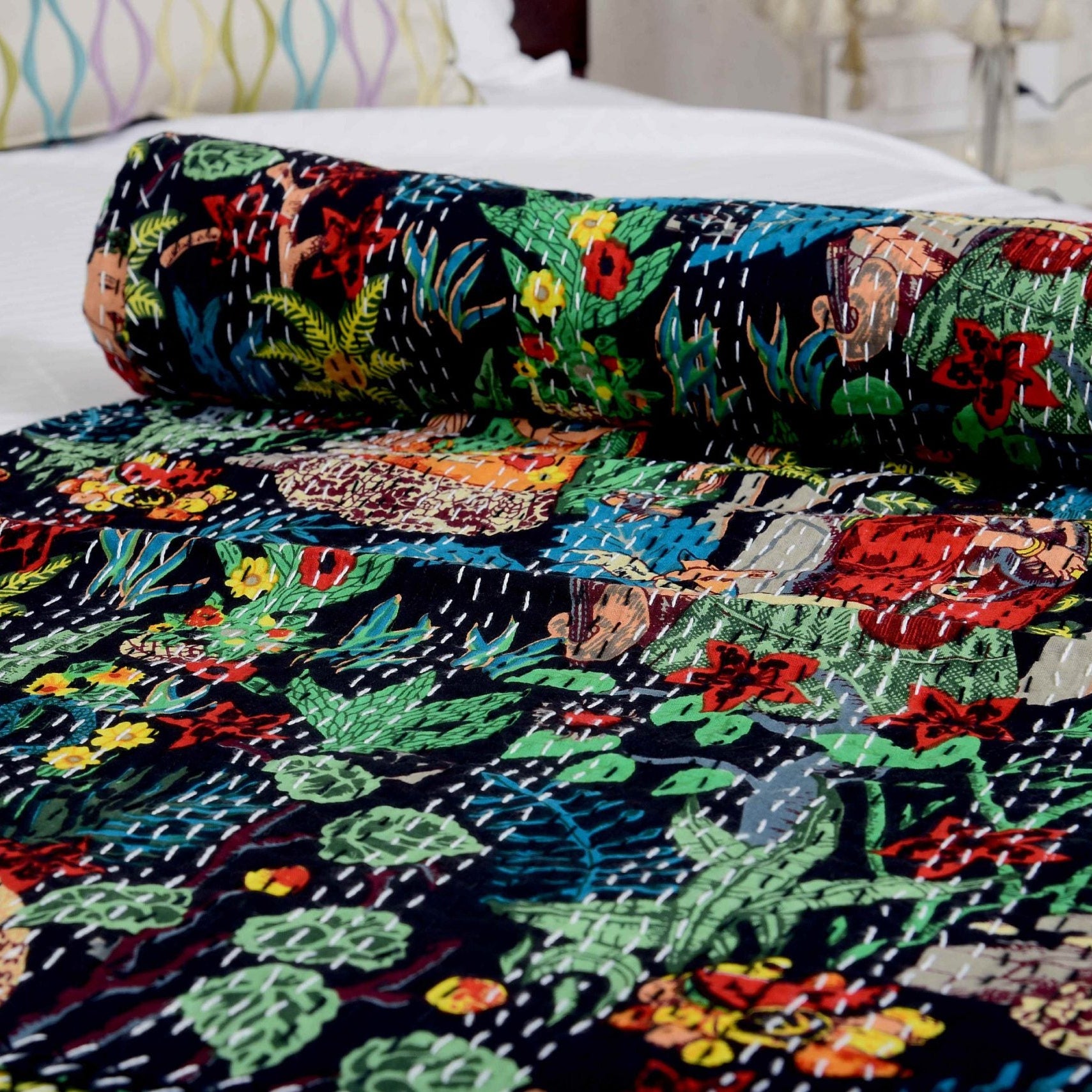 Linen Connections Indian Kantha Quilt - Frida Black