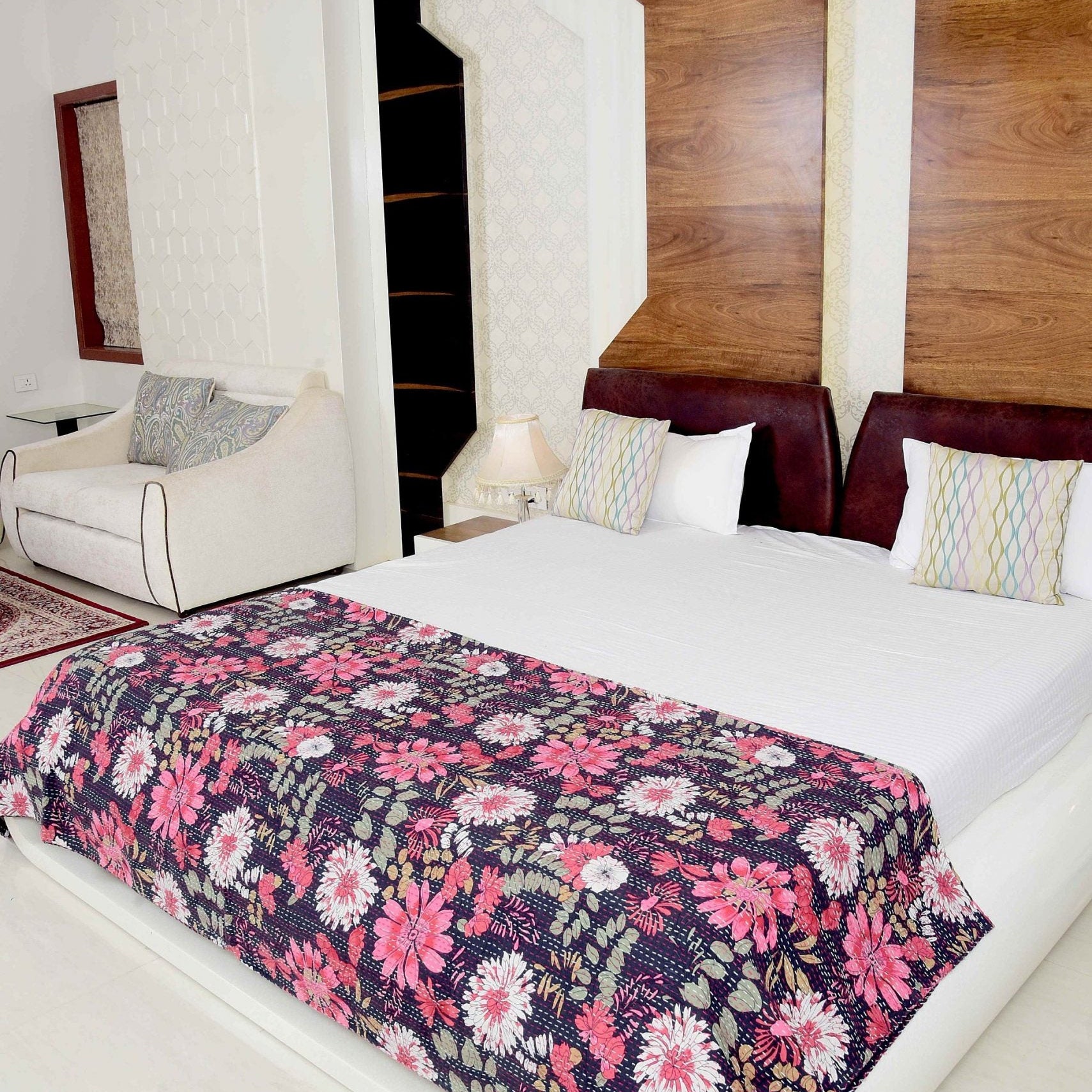 Linen Connections Handmade Indian Kantha Quilt- Purple Floral