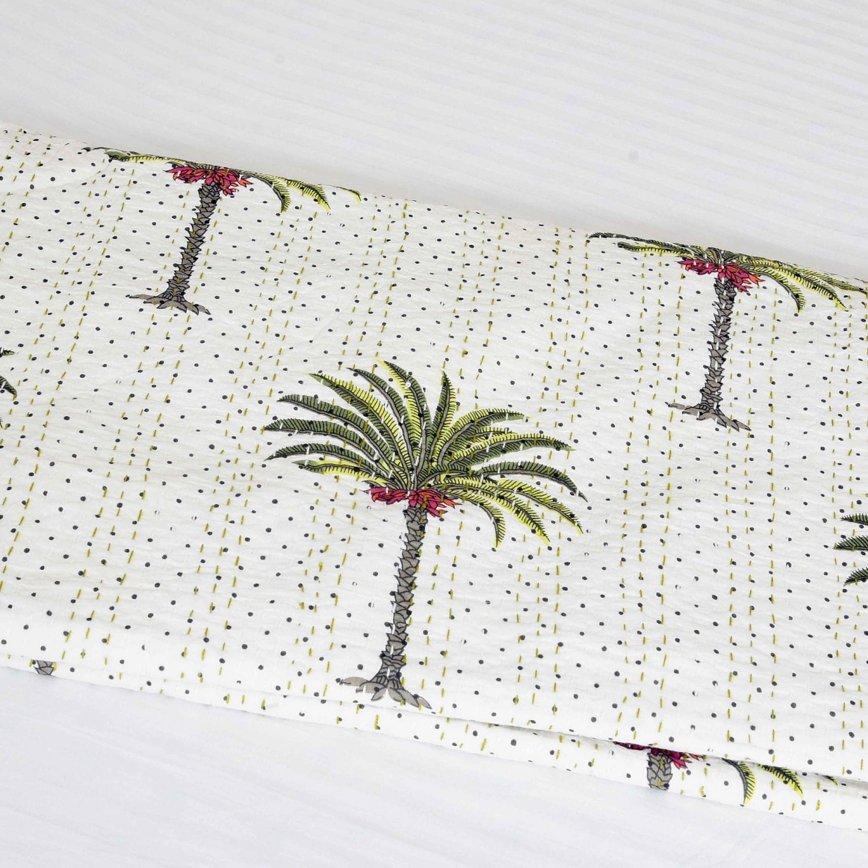Linen Connections Indian Kantha Quilt - White Palm