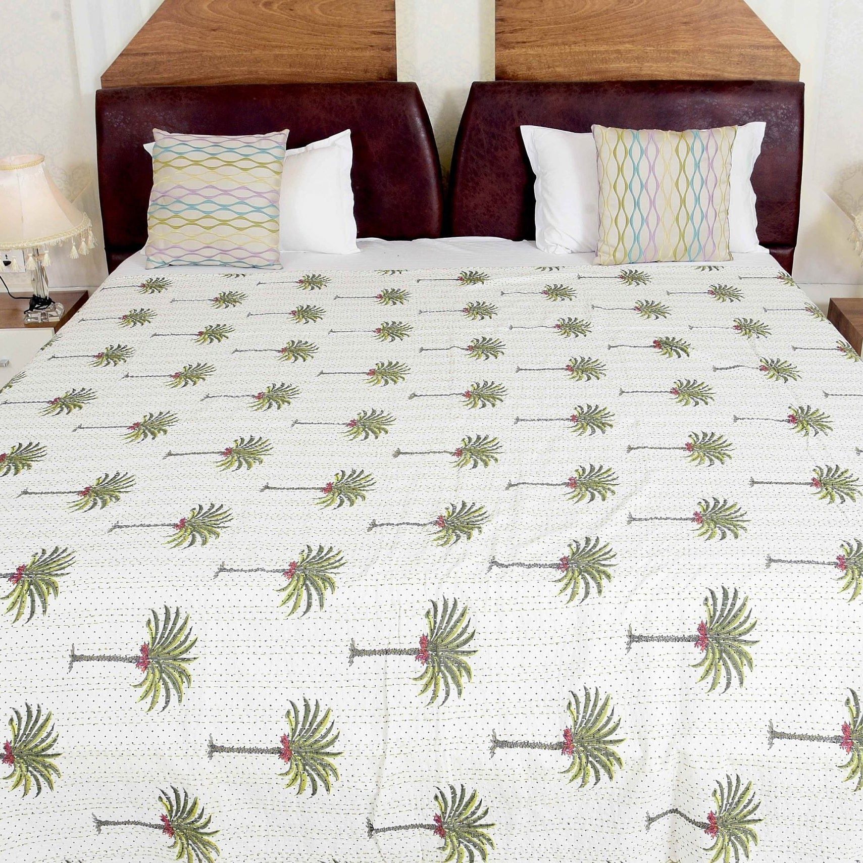 Linen Connections Indian Kantha Quilt - White Palm