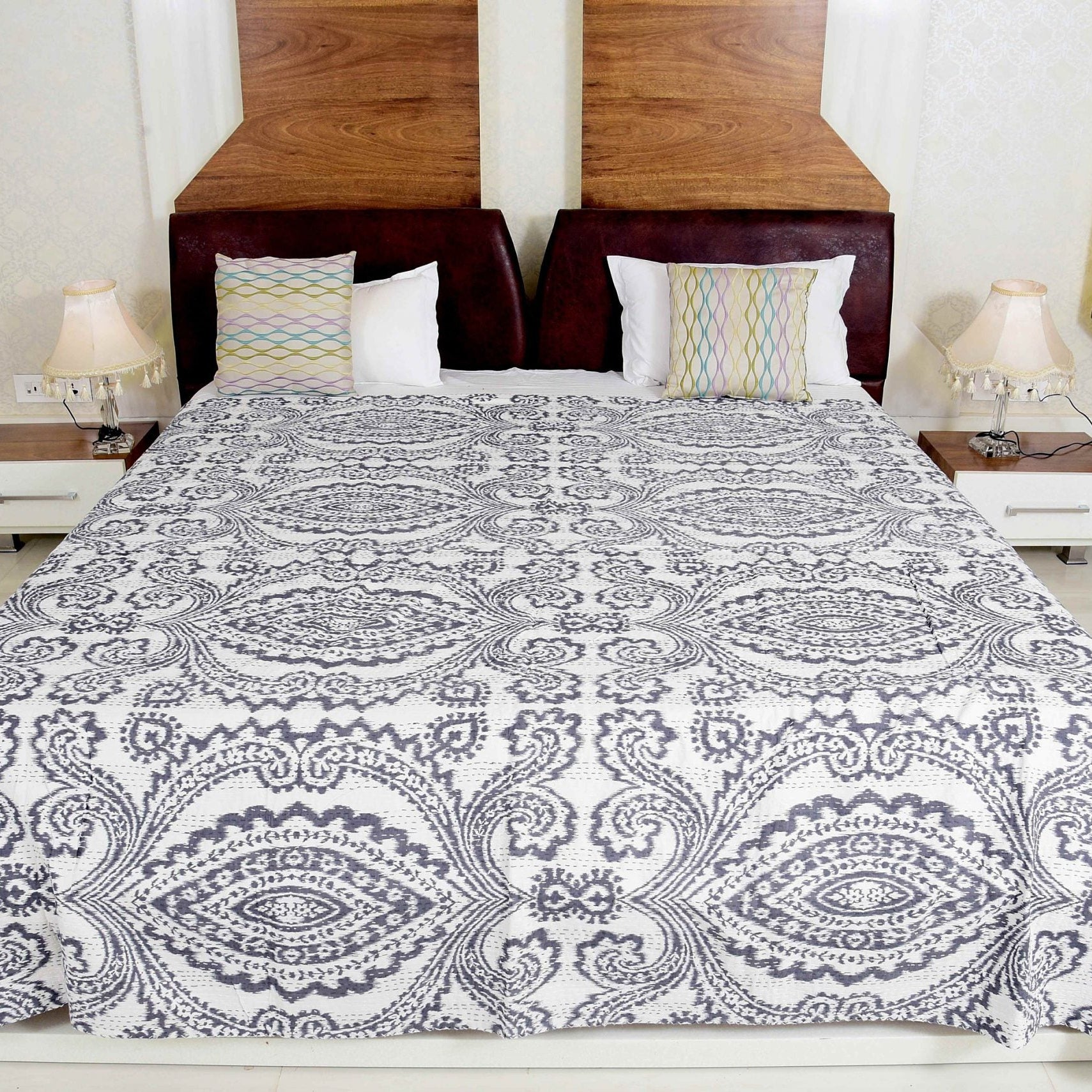 Linen Connections Handmade Indian Kantha Quilt - White Opal