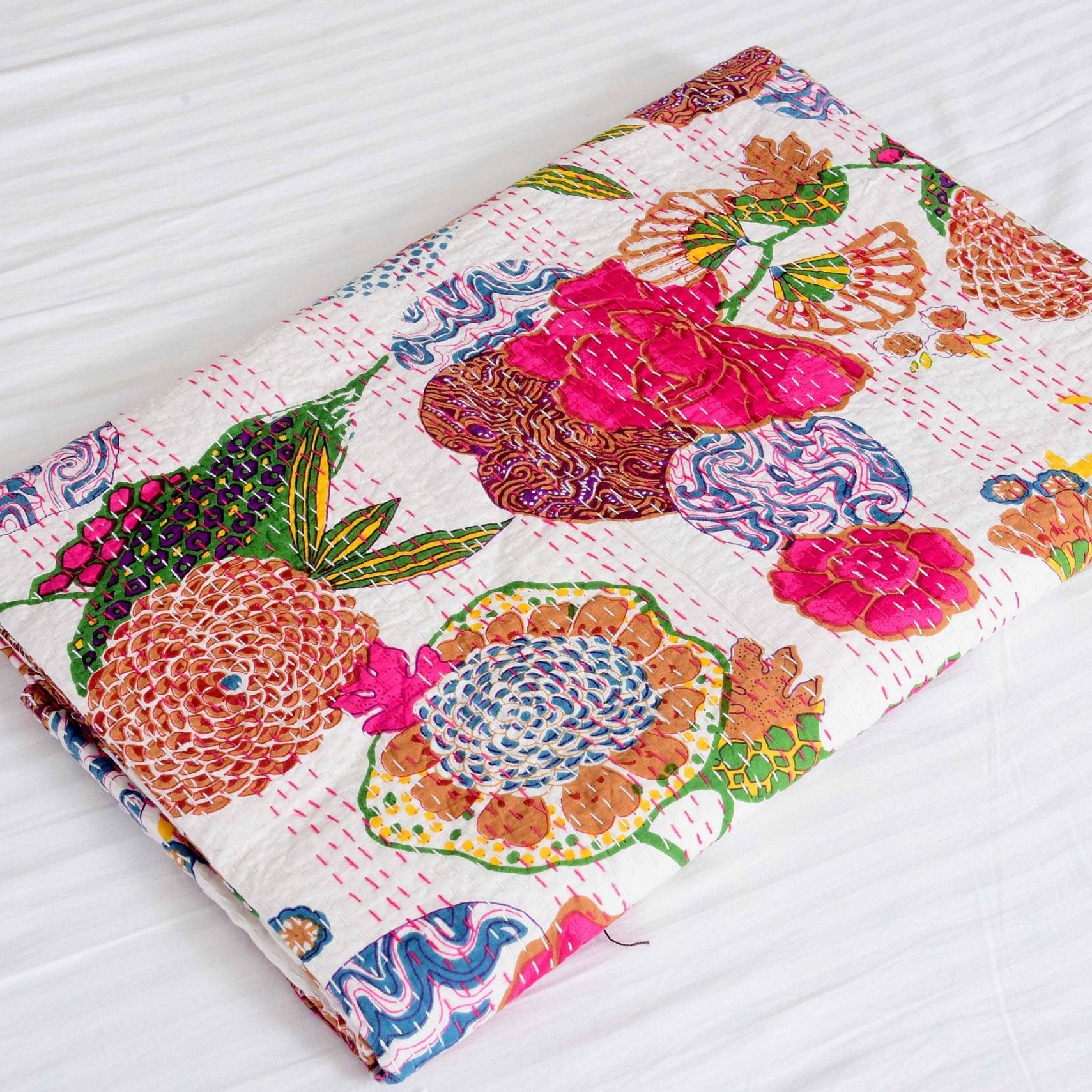 Linen Connections Handmade Indian Kantha Quilt - White Chic