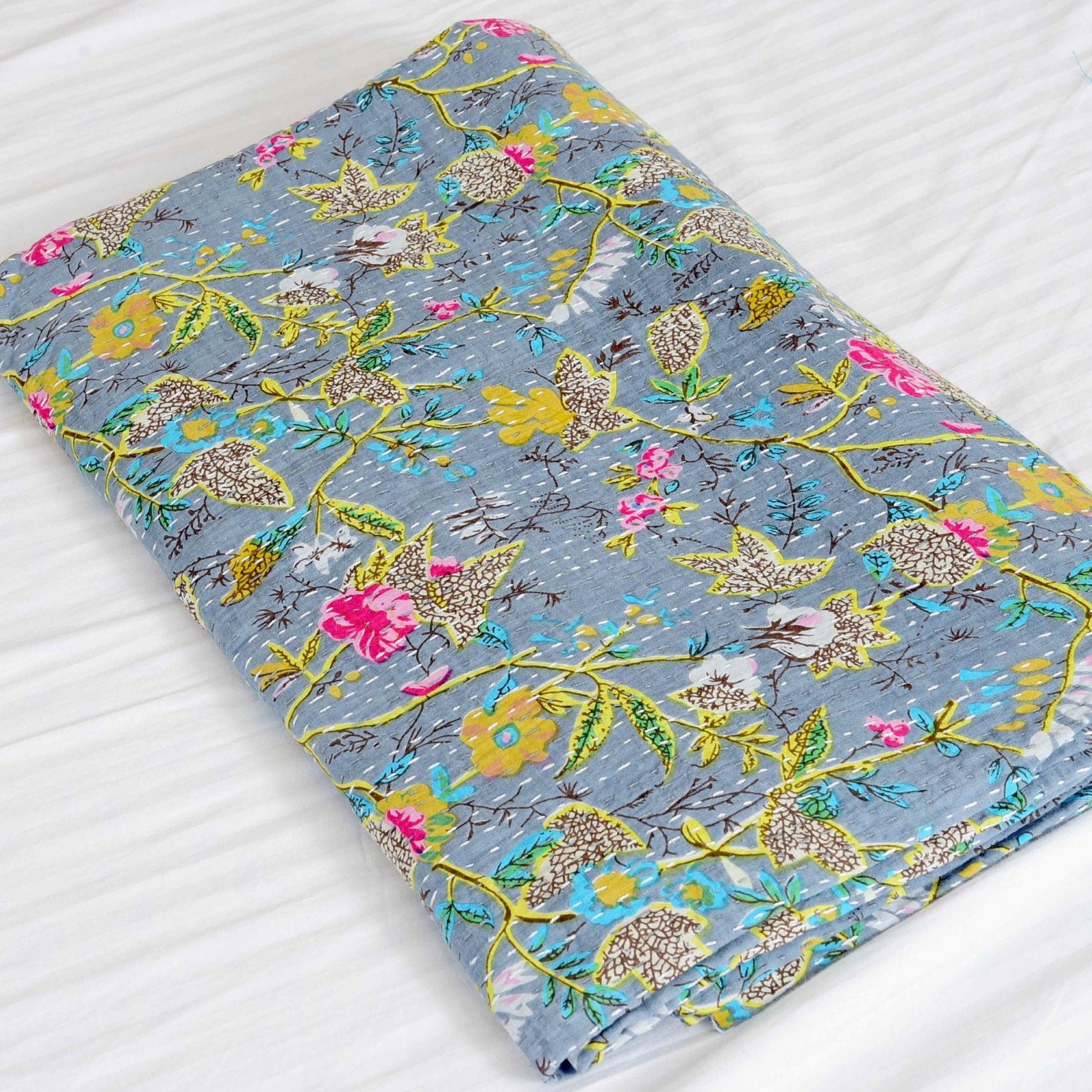 Linen Connections Indian Kantha Quilt - Grey Mischeif