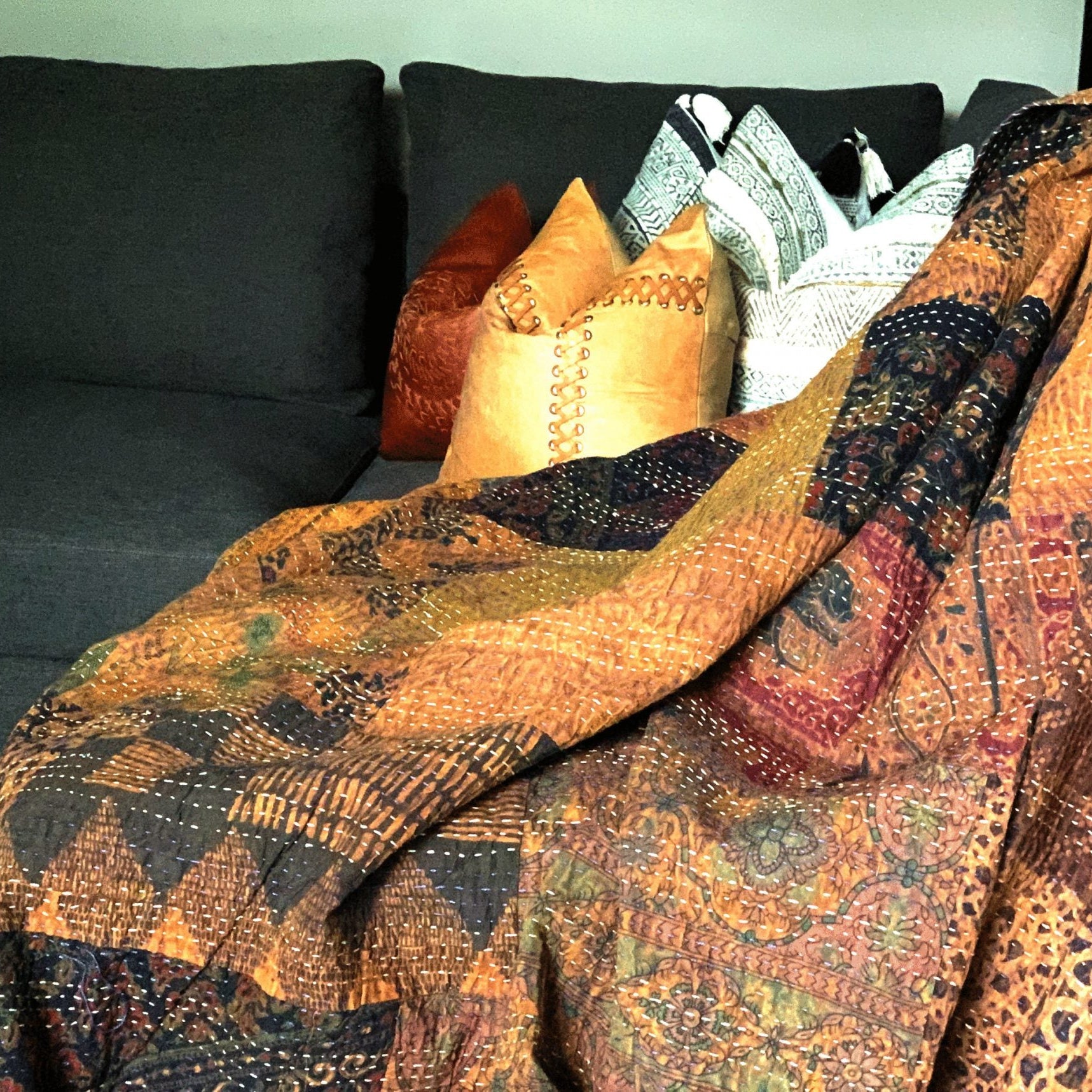 Linen Connections Indian Kantha Quilt - Black Mush